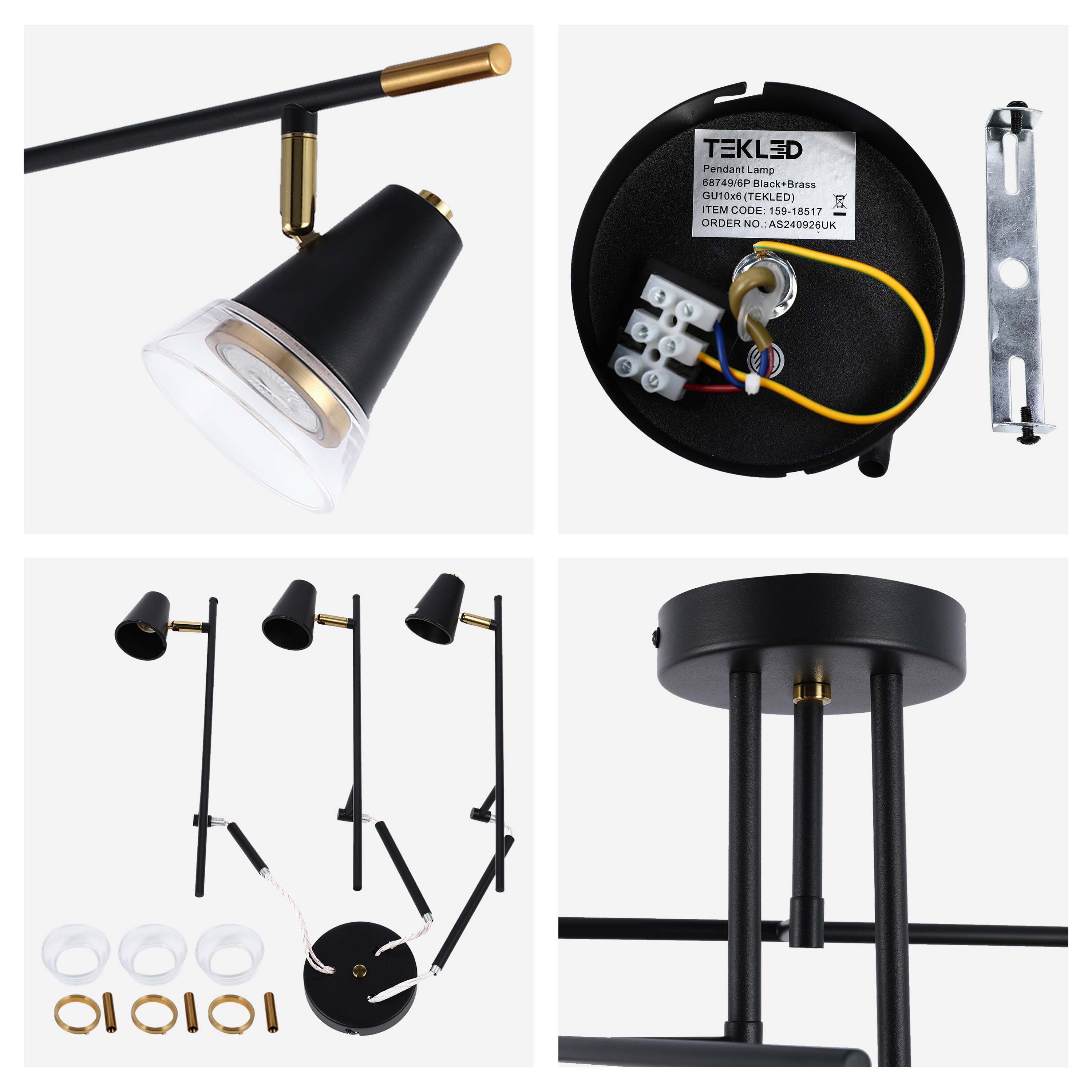 Modern Black & Brass Multi-Arm Spotlight, GU10 Dimmable