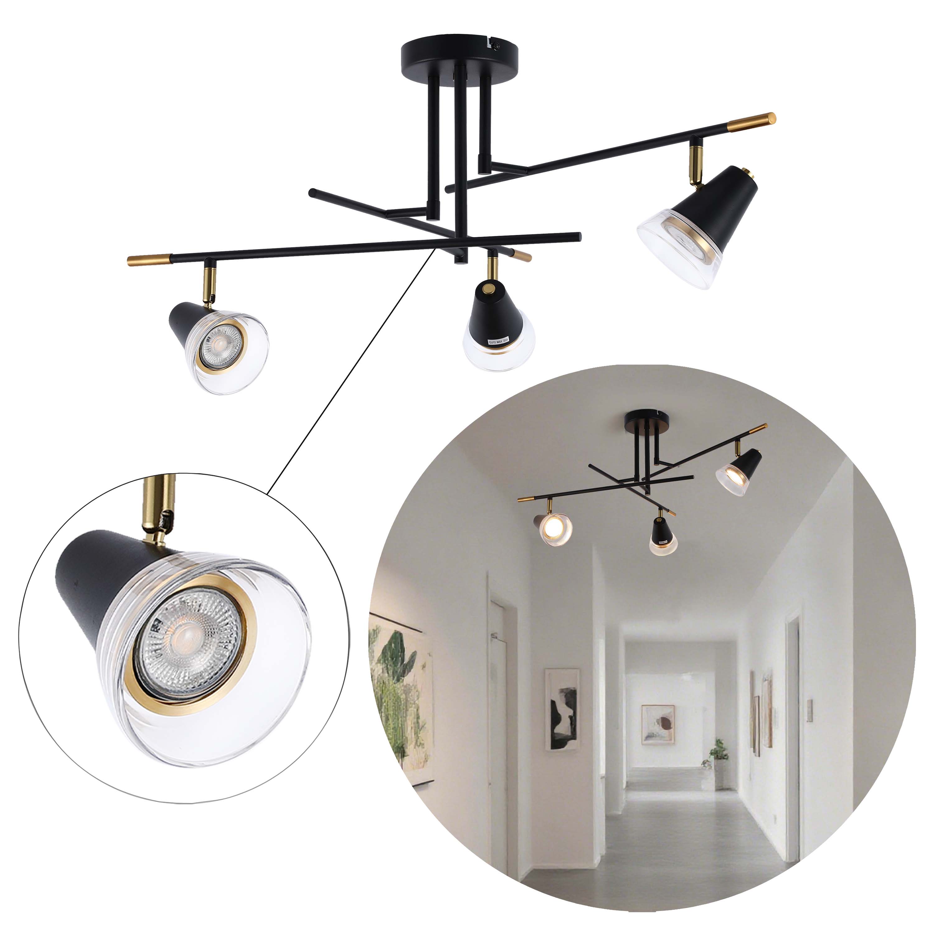 Modern Black & Brass Multi-Arm Spotlight, GU10 Dimmable