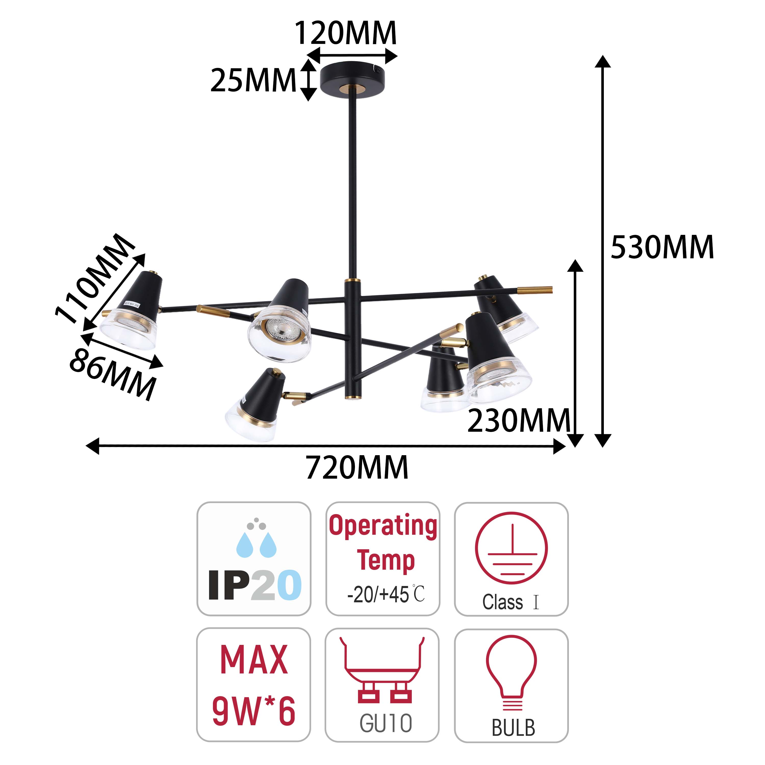 Modern Black & Brass Multi-Arm Spotlight, GU10 Dimmable