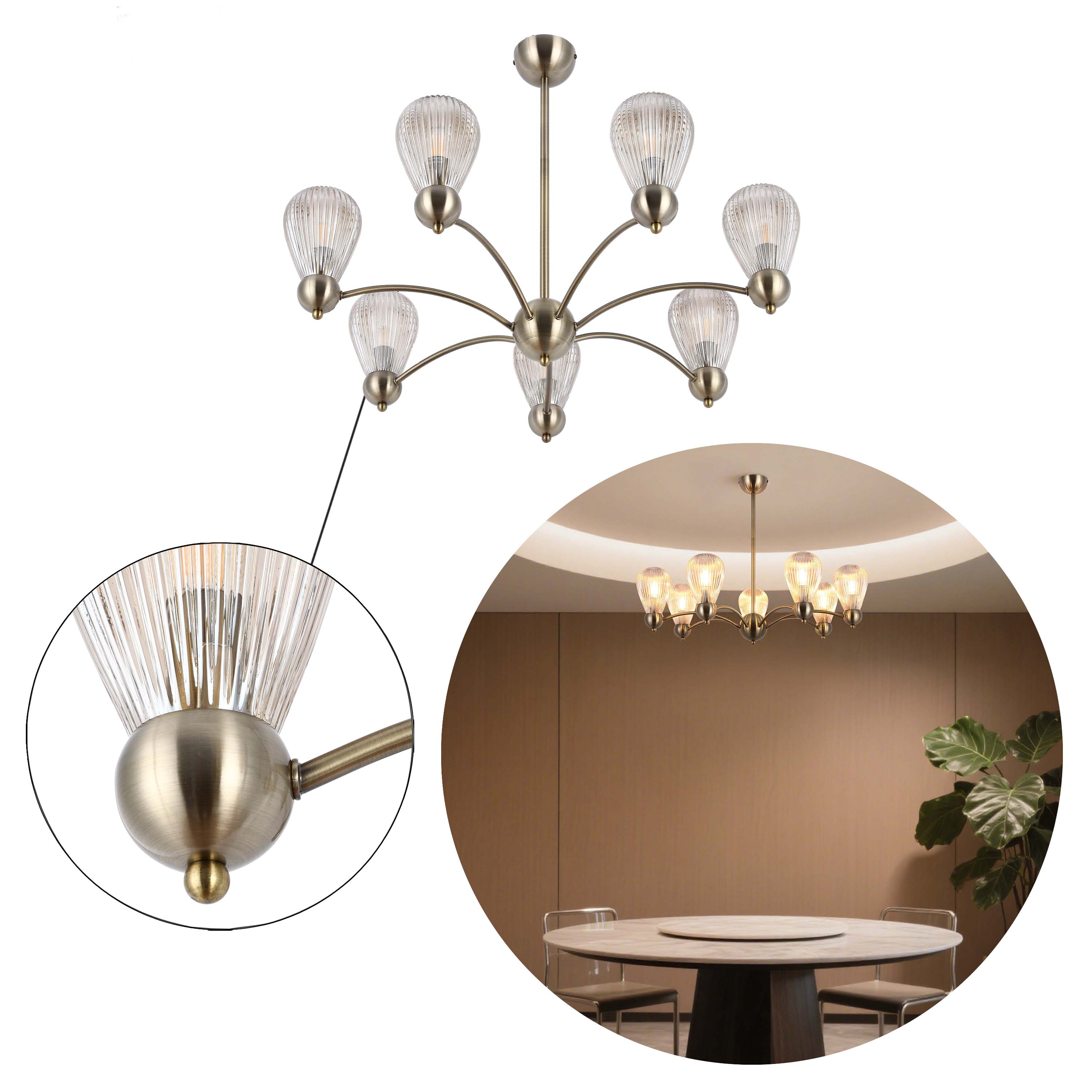 Antique Brass Modern Ceiling Light with Clear Glass Shades, 5 & 7-Light E14