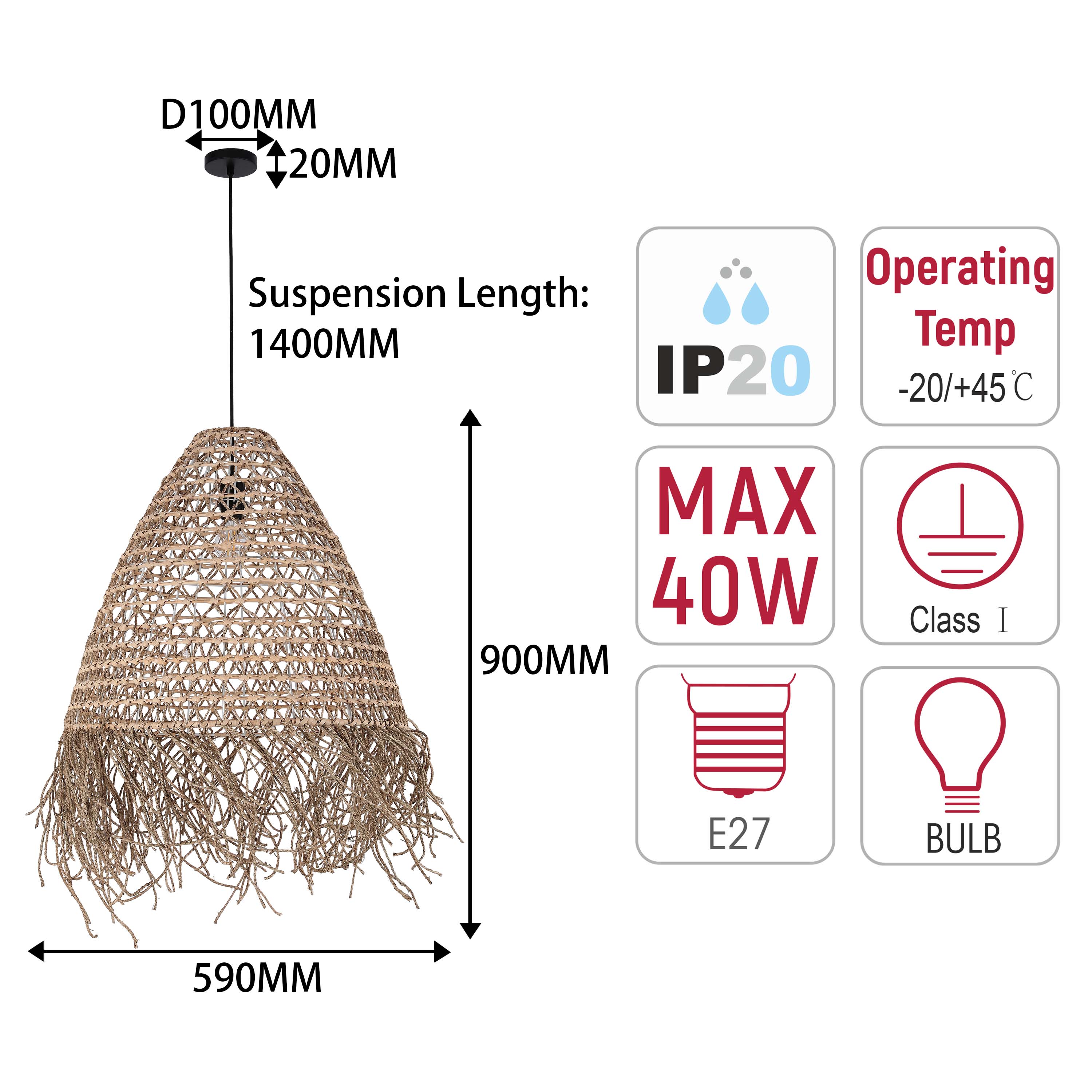 Natural Woven Bamboo & Seagrass Pendant Light, 1x E27