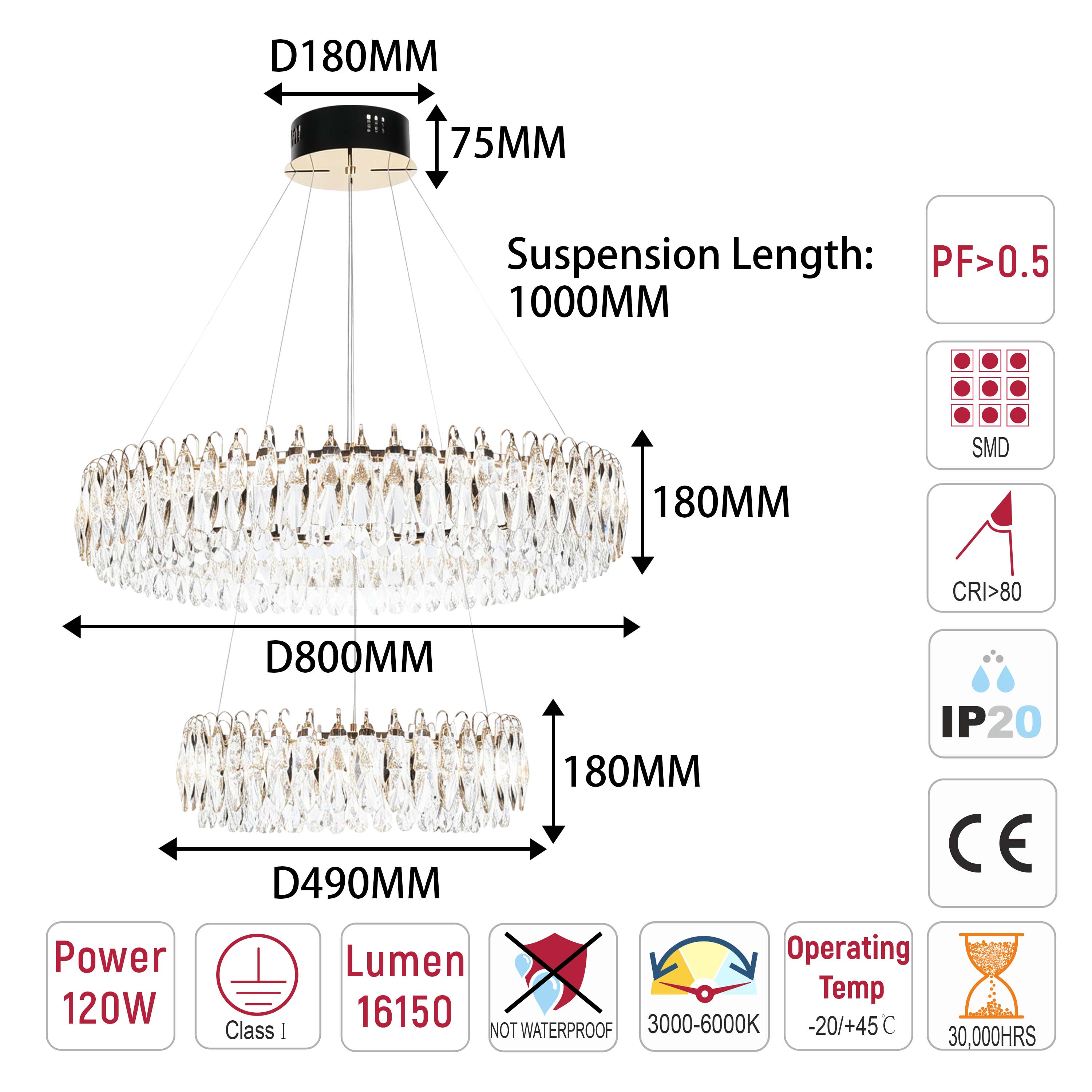 Premium Modern Crystal LED Chandelier, Dimmable with 2.4G Remote, 3CCT