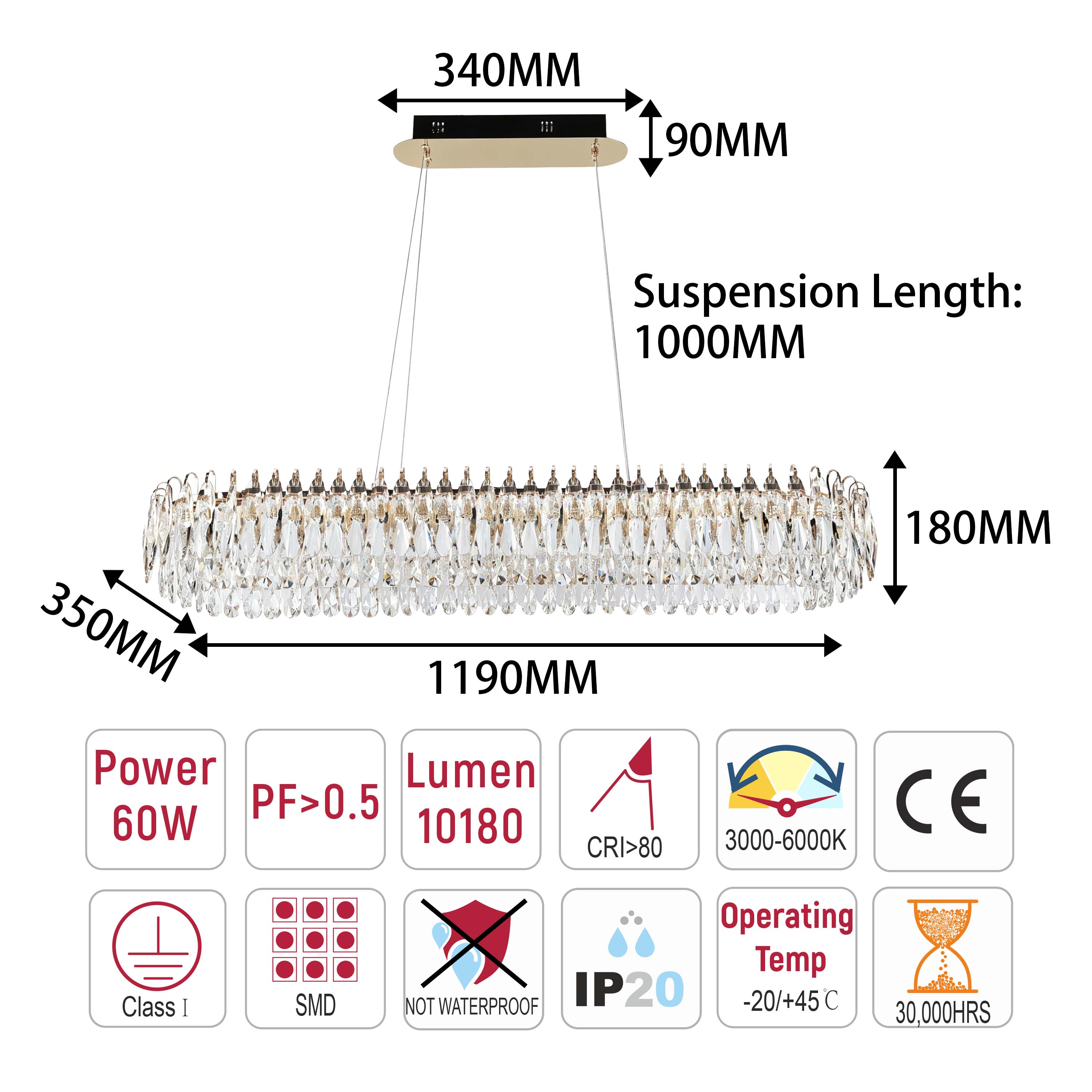 Premium Modern Crystal LED Chandelier, Dimmable with 2.4G Remote, 3CCT