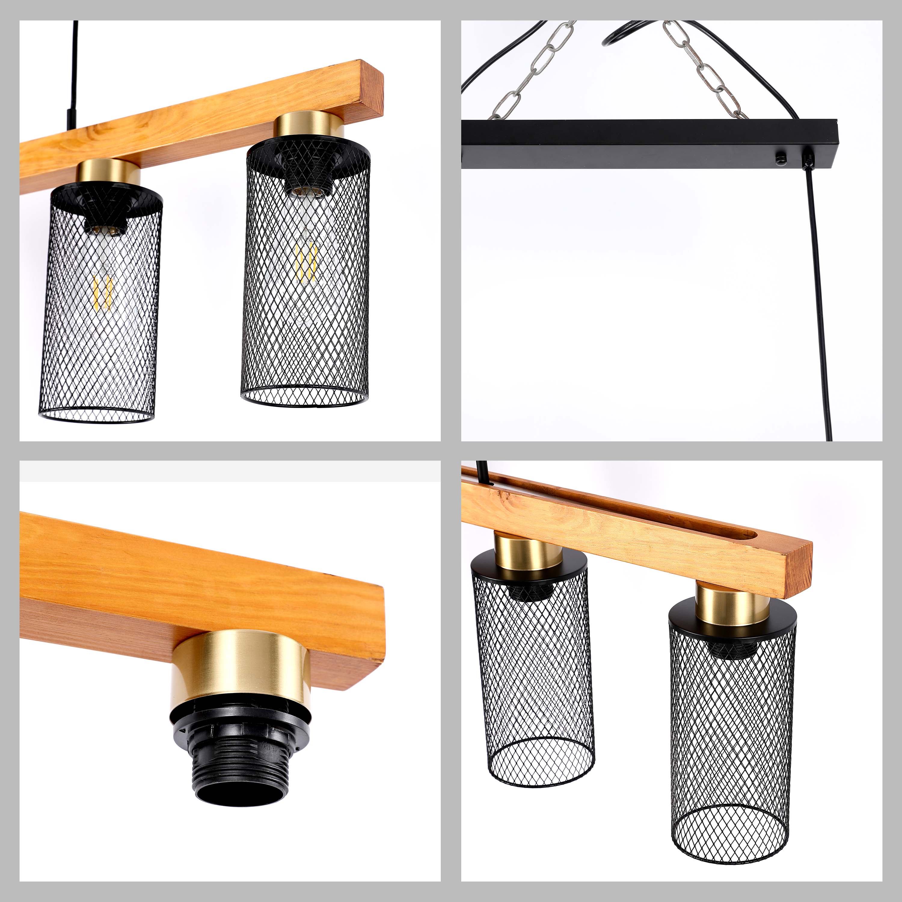 Rustic Wood Beam & Black Mesh Pendant Light, 3 / 5 Light E27