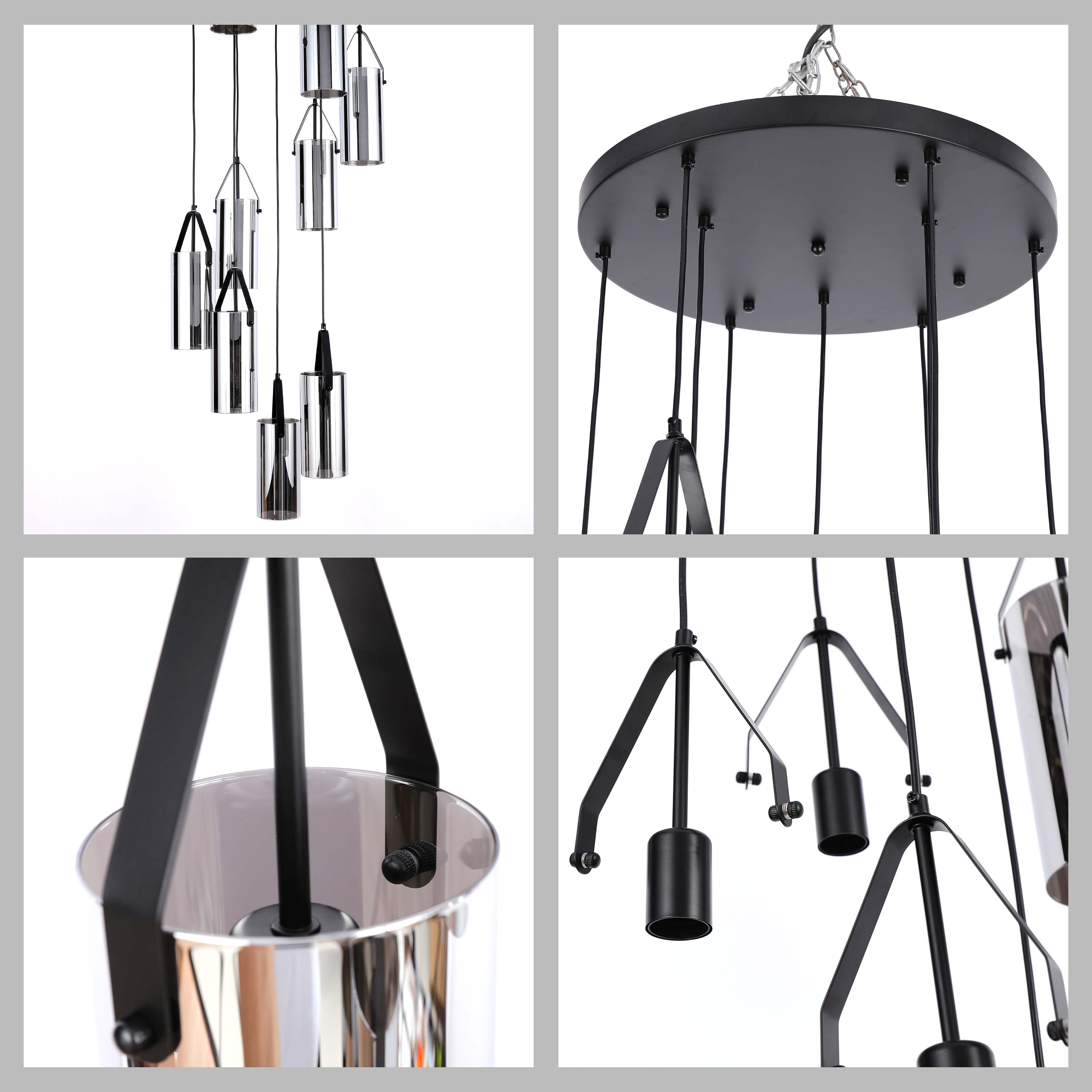 Modern 9-Light Smoky Glass Cluster Pendant Light, Black E27