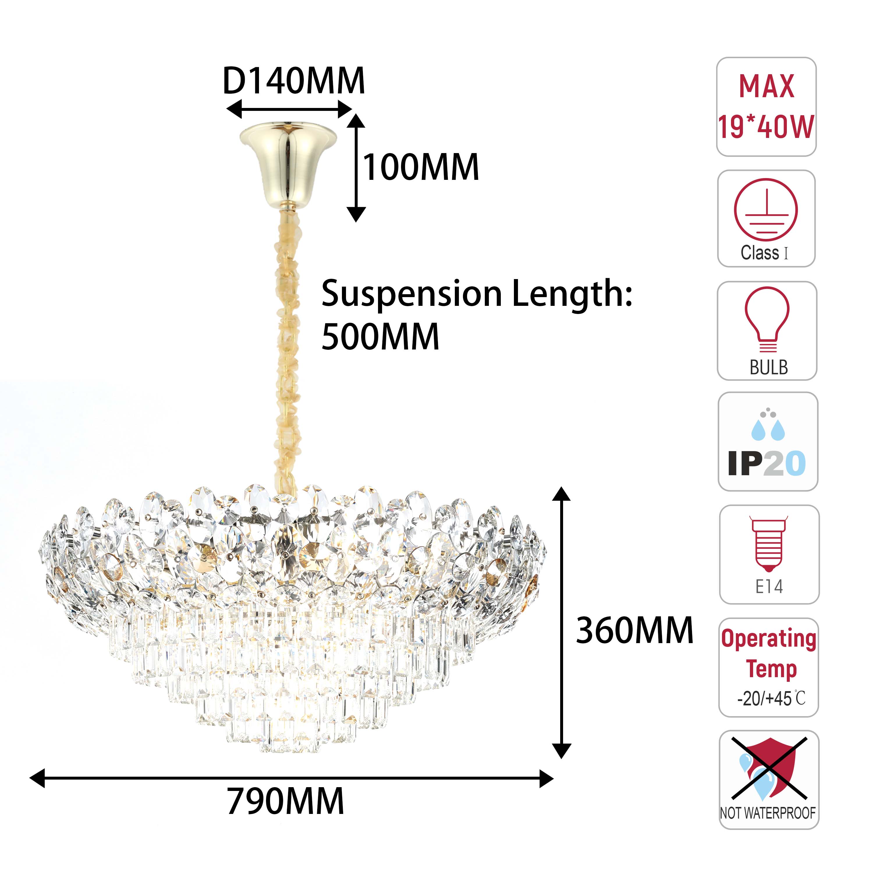 Luxury Gold & Crystal Empire Chandelier Collection M2158, 12 to 42 Light E14