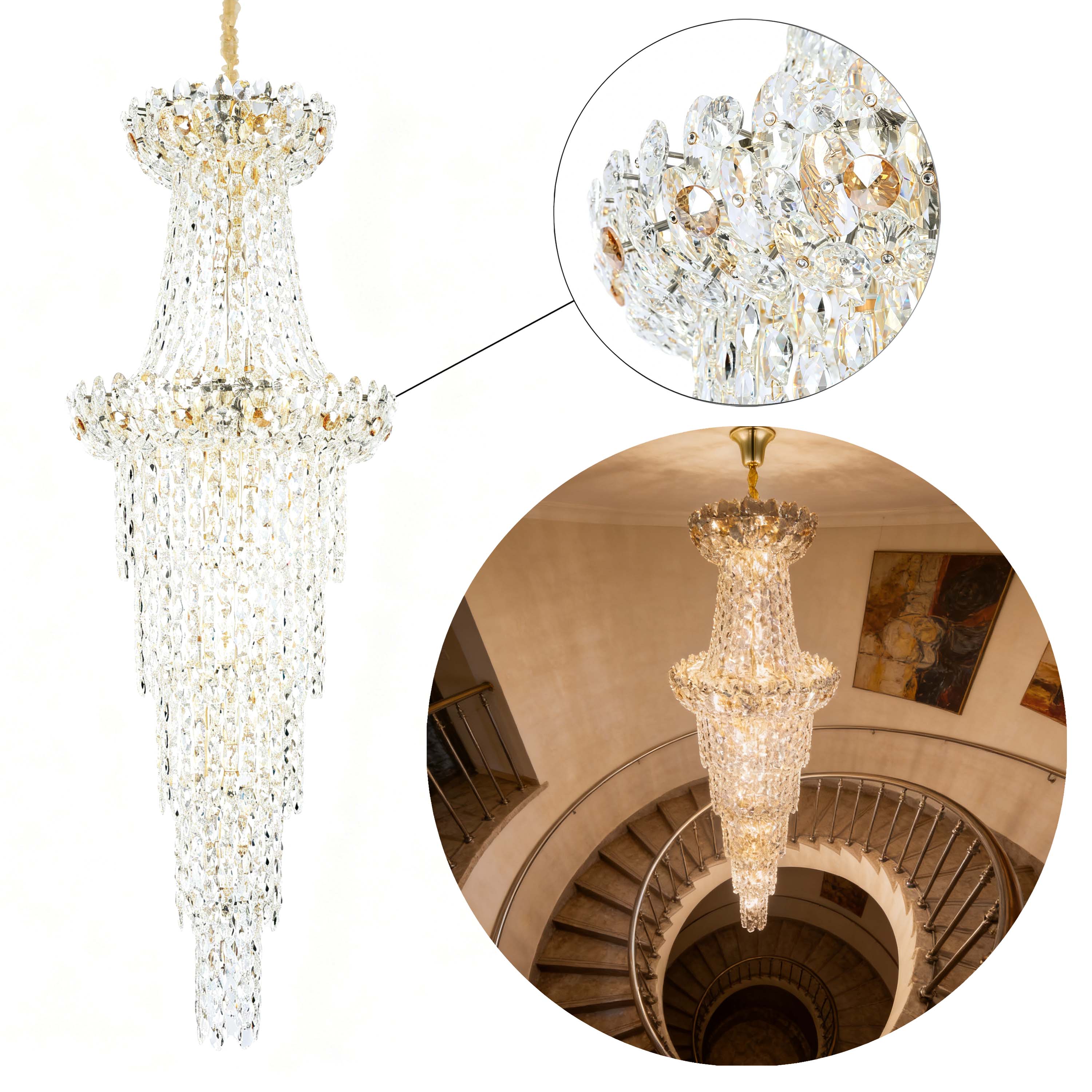 Luxury Gold & Crystal Empire Chandelier Collection M2158, 12 to 42 Light E14