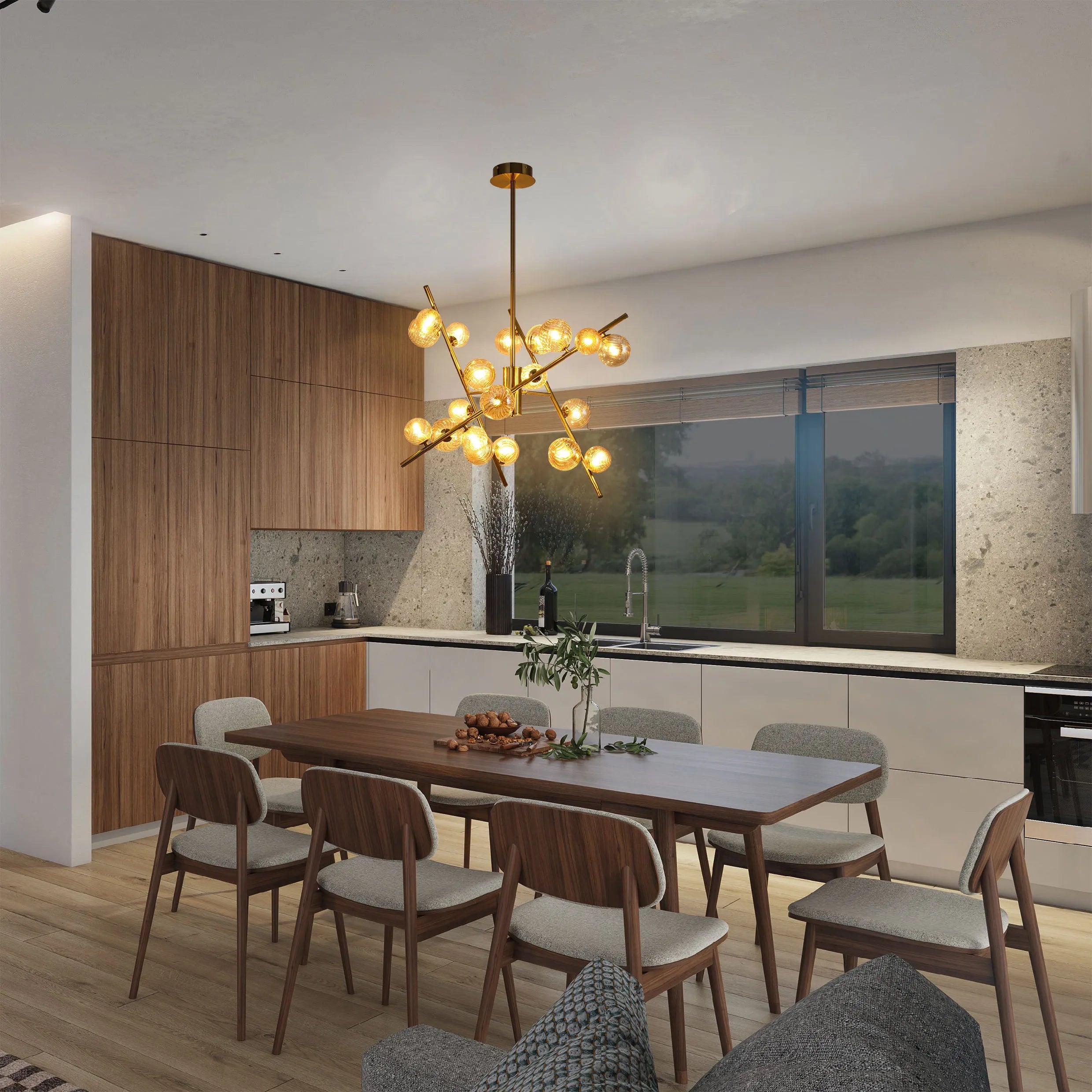 A statement sputnik chandelier with gold arms and glowing spherical bulbs illuminates a modern dining area, adding a touch of glamour.