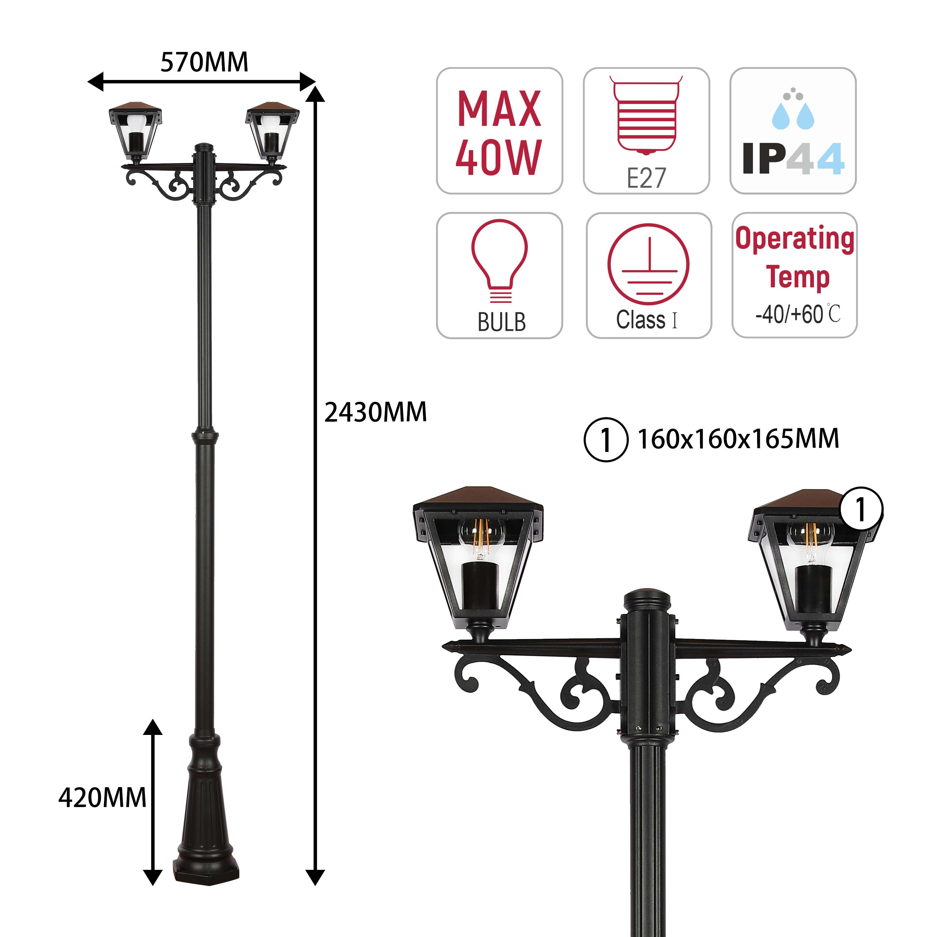 Traditional 2-Light Garden Lamp Post, 2.4m Tall Black Outdoor Lantern