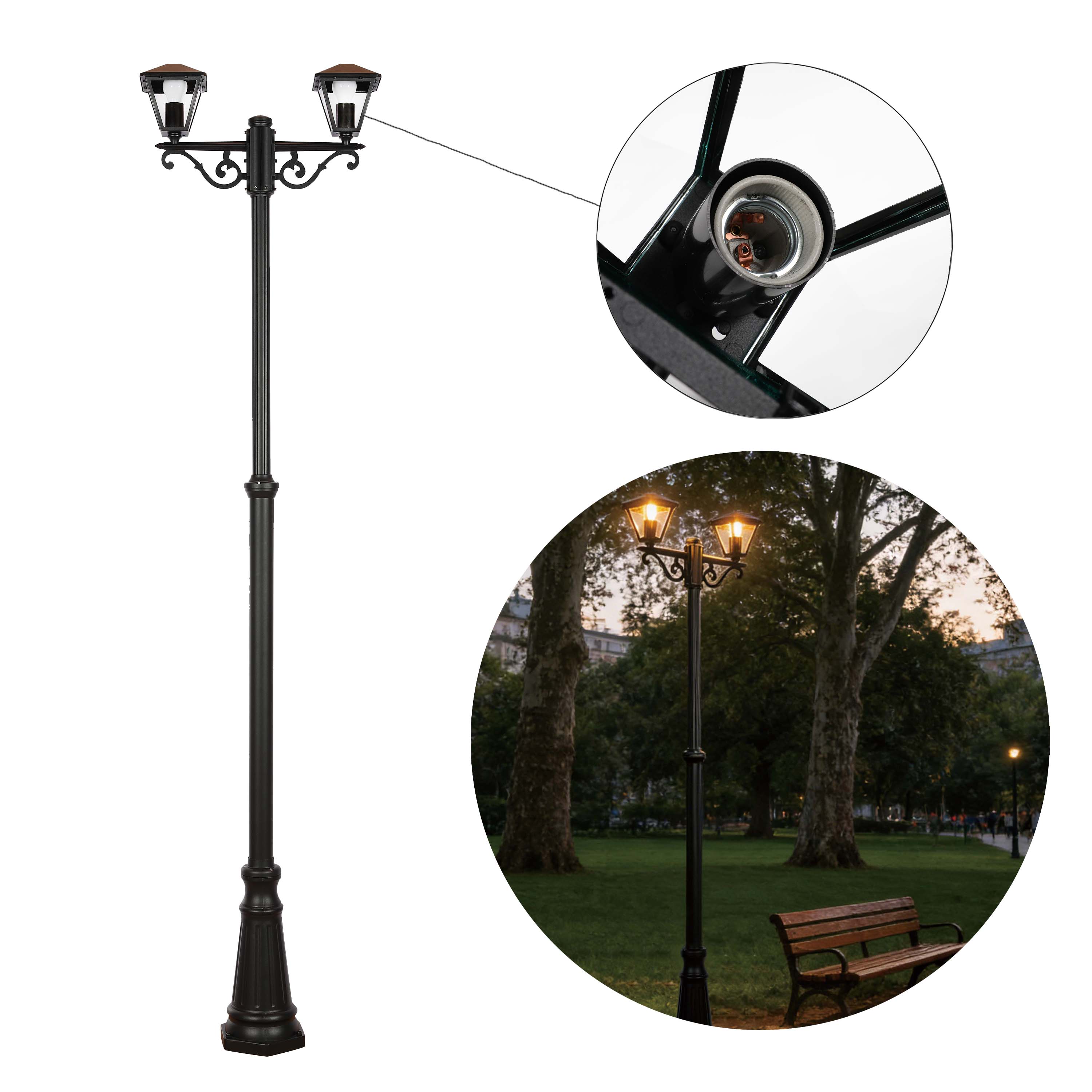 Traditional 2-Light Garden Lamp Post, 2.4m Tall Black Outdoor Lantern