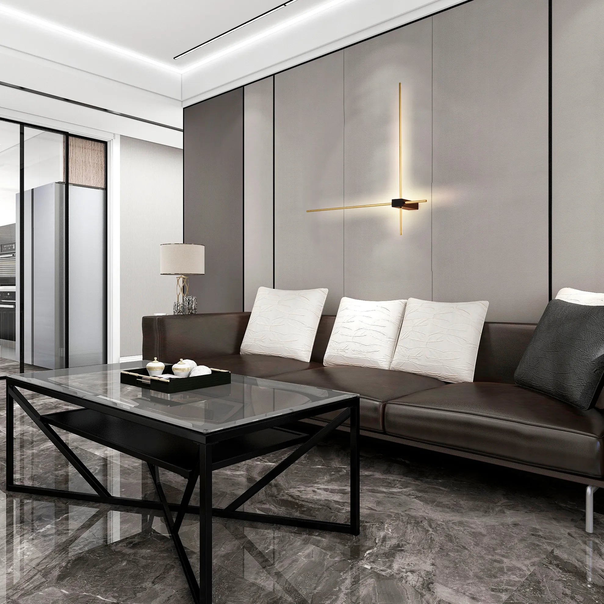 Stylish living room featuring an ambient wall light fixture and integrated LED ceiling lighting.