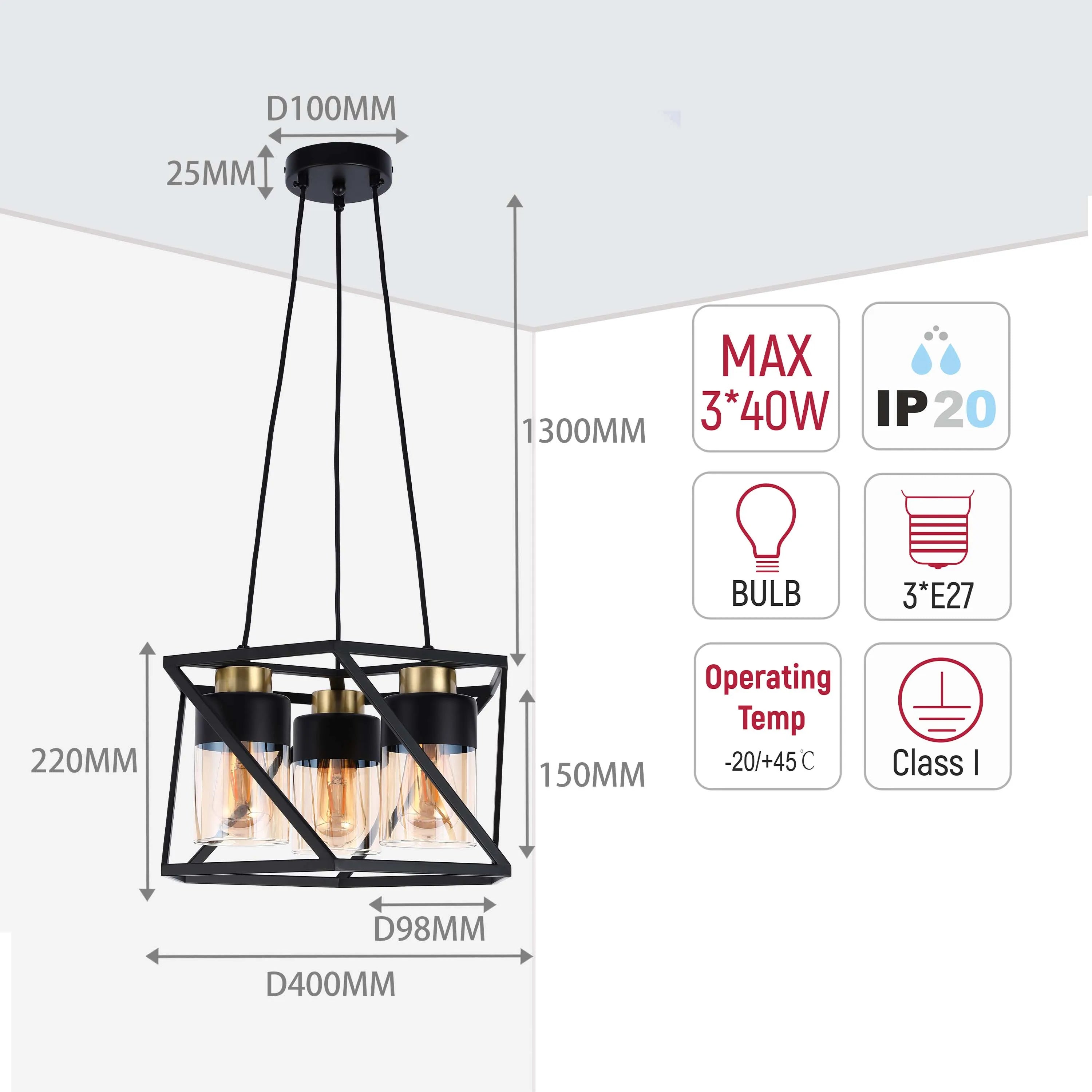 Industrial-style pendant light with a black cage, three glass shades, and a 1300mm drop.