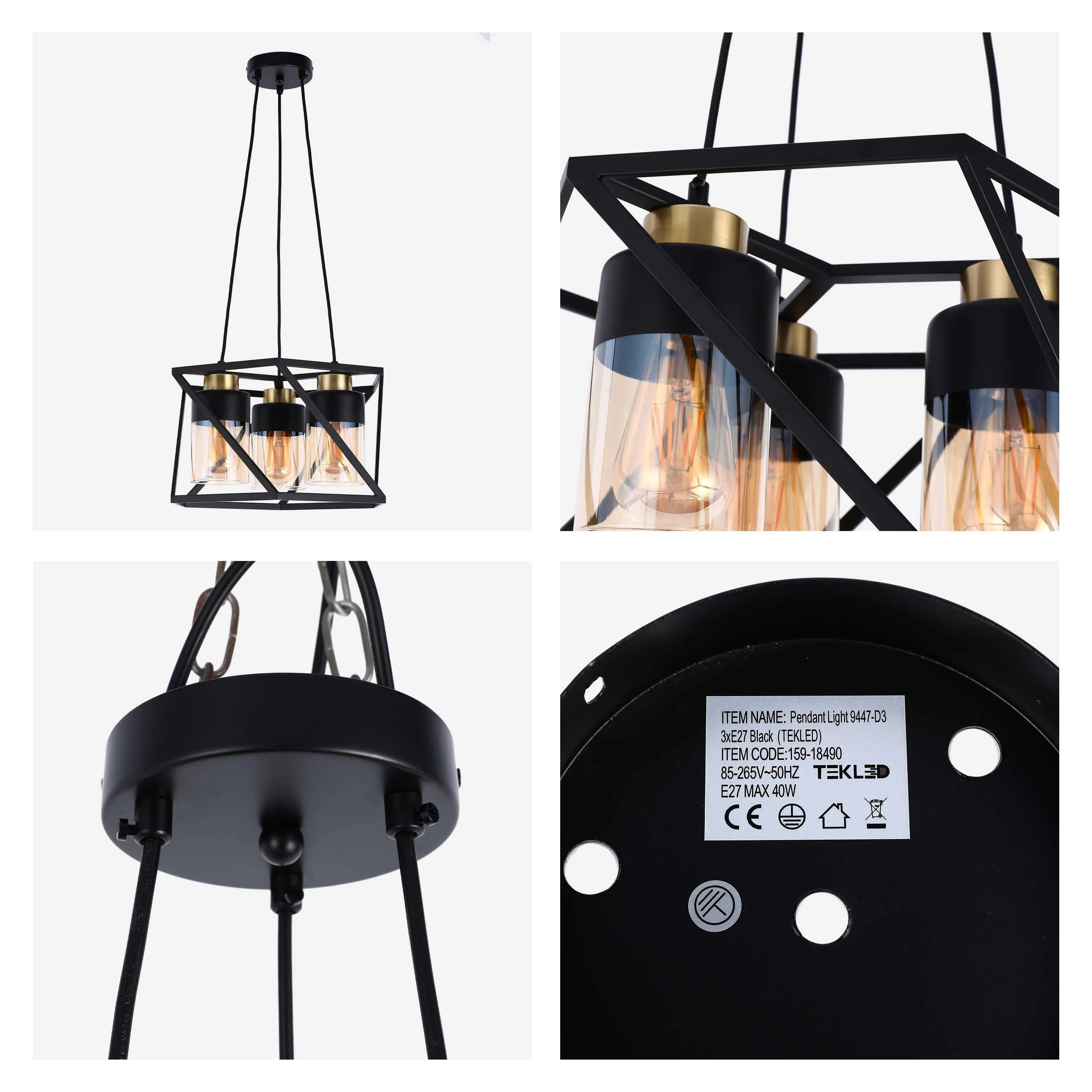 A three-light pendant fixture with black geometric frame and clear glass shades, suspended by black cables.