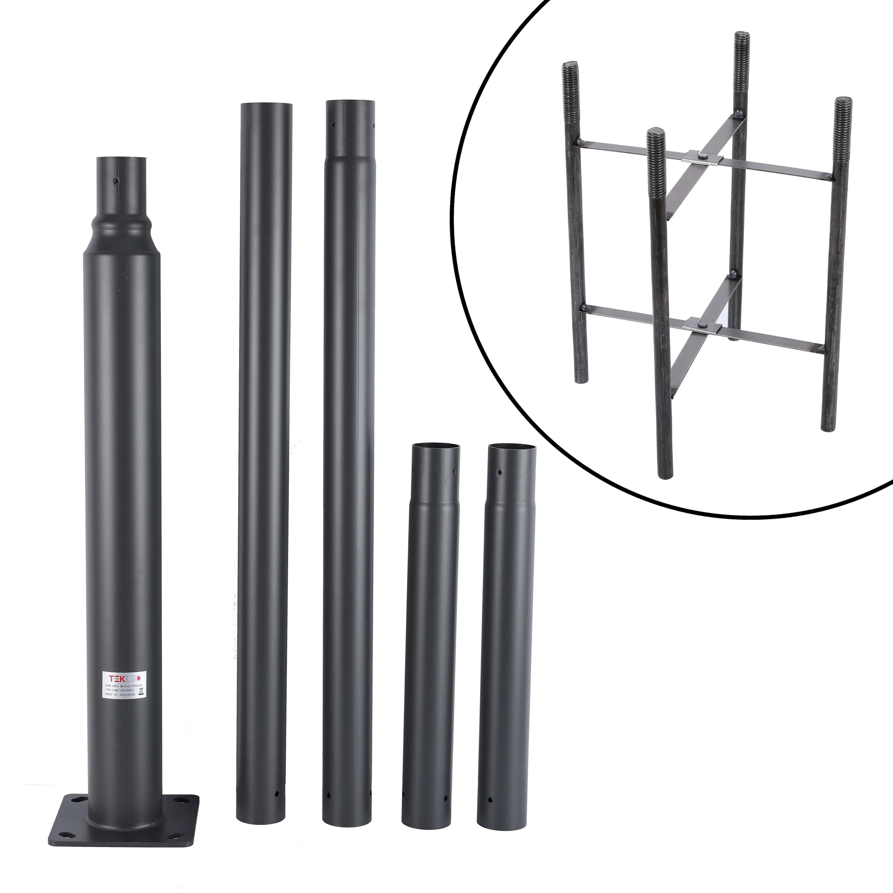 A grey, modular post light installation, with extensions and a support structure in a circle.