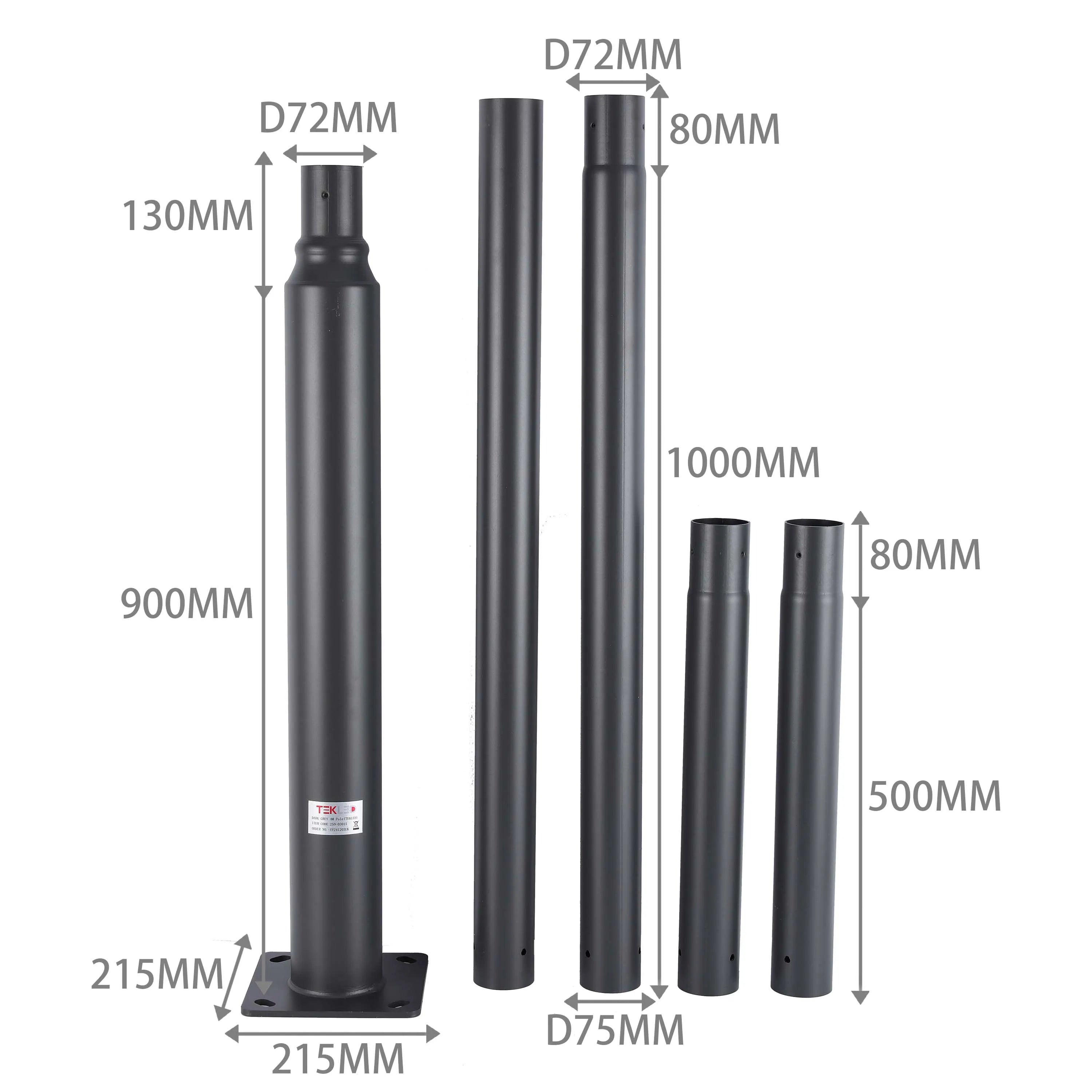 A selection of grey metal lighting poles of varying heights and diameters, displayed on a white background.