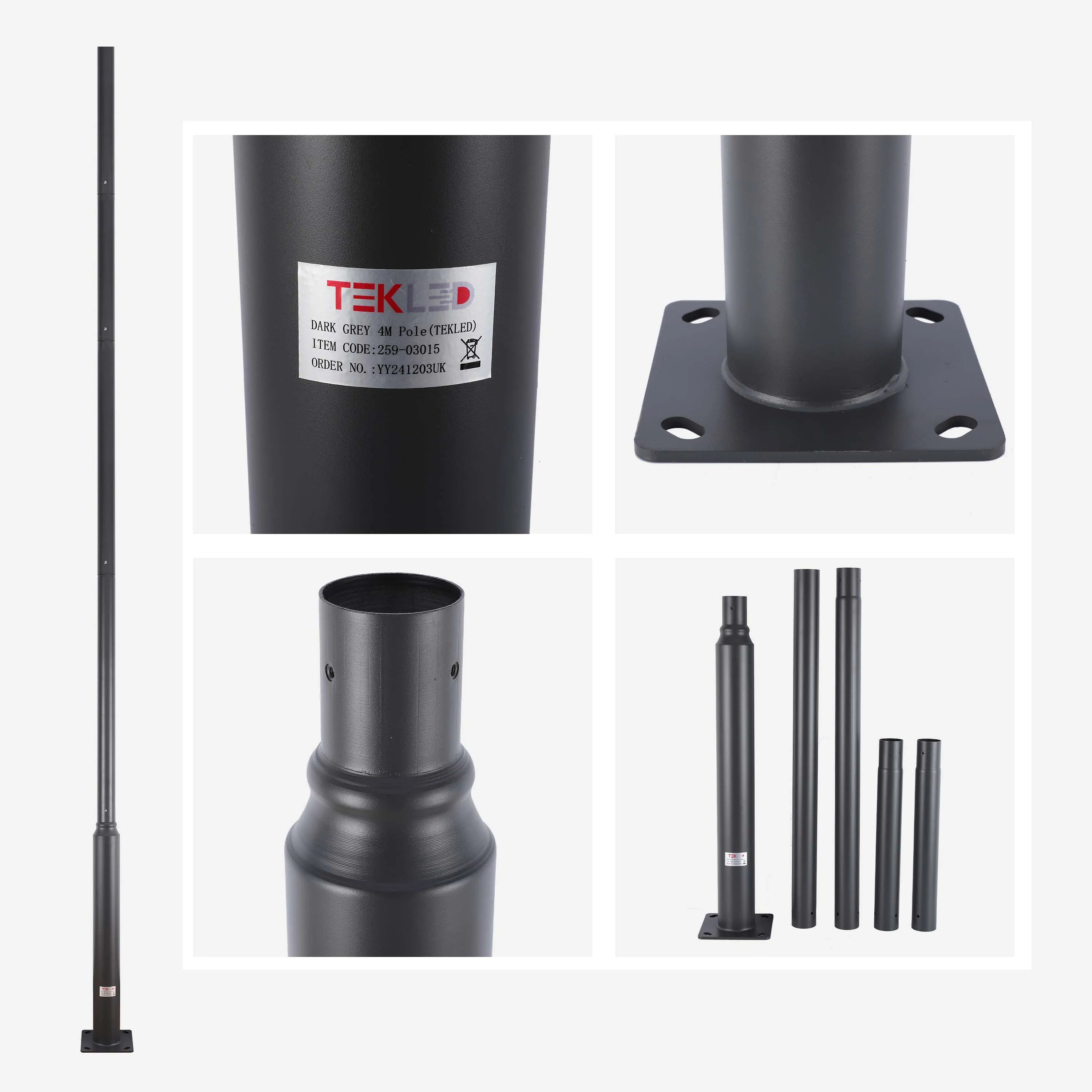 A dark grey 4m TEKLED light pole is displayed in parts, ready for assembly. Features include a base plate, spigot and pole sections.