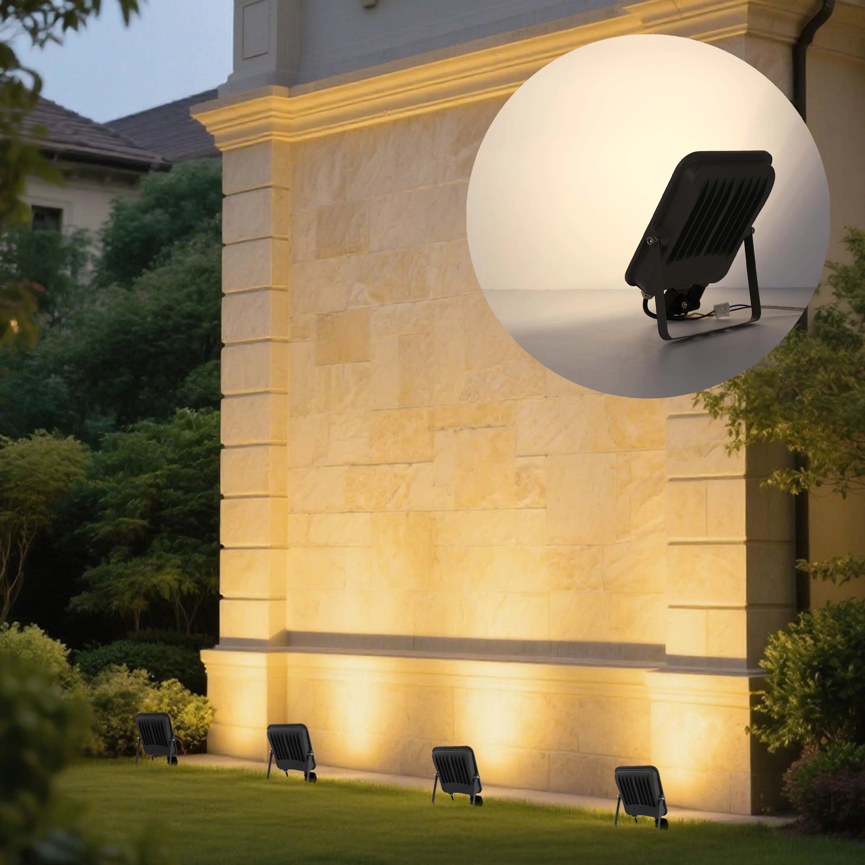 Outdoor lighting illuminating a building, showcasing spotlighting and garden illumination techniques.