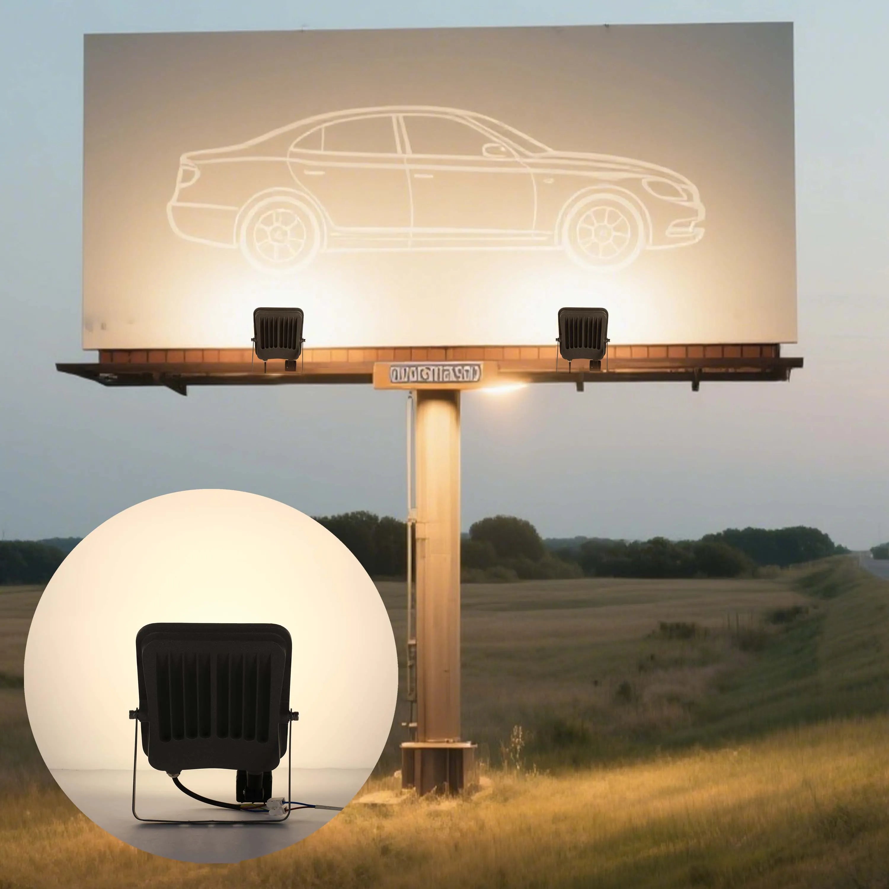 Billboard illuminated by two floodlights, with a single floodlight showcased in a close-up shot. Provides strong, direct lighting.