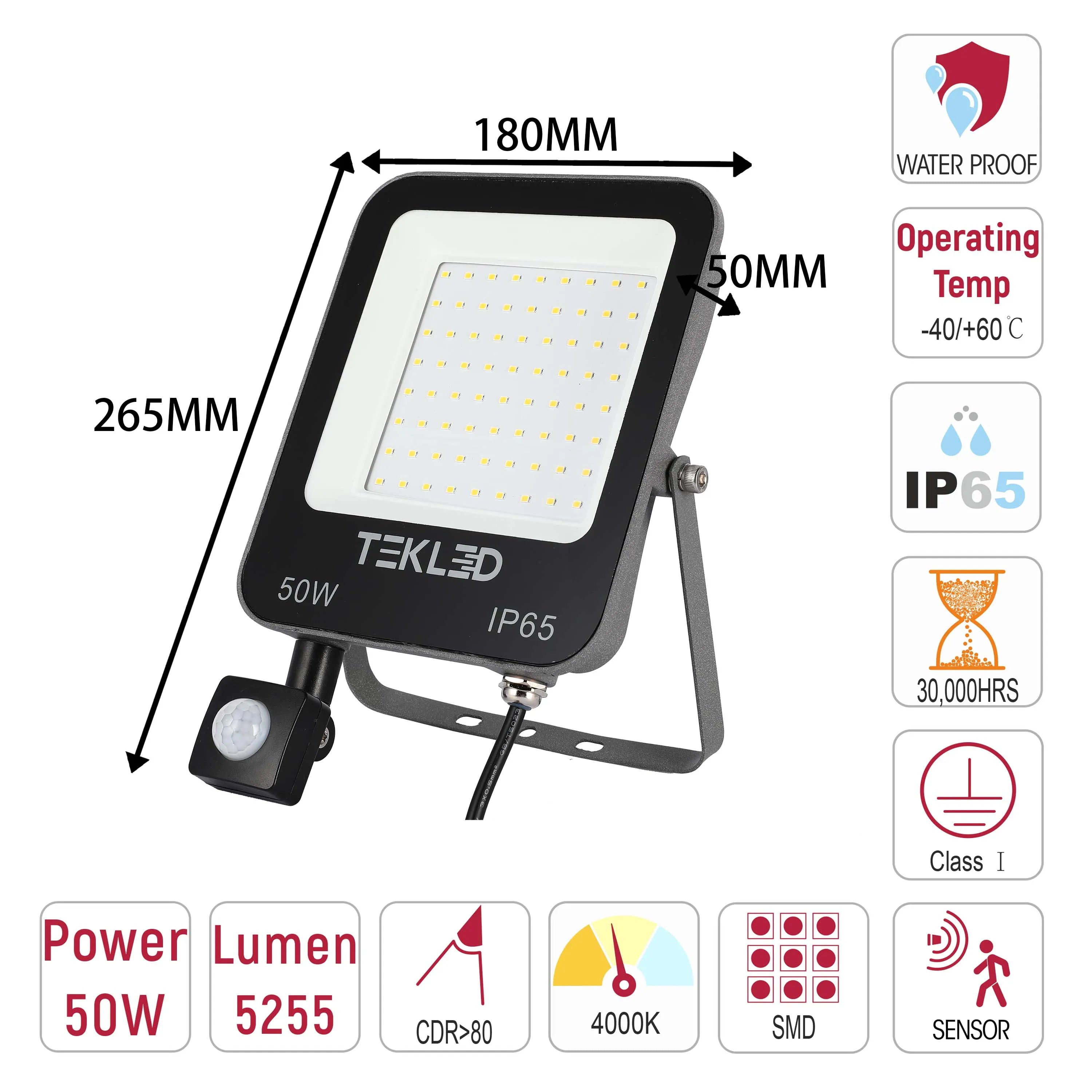 Tekled 50W LED floodlight with sensor. Features include waterproof, IP65, 4000K colour temp and 5255 lumen output.