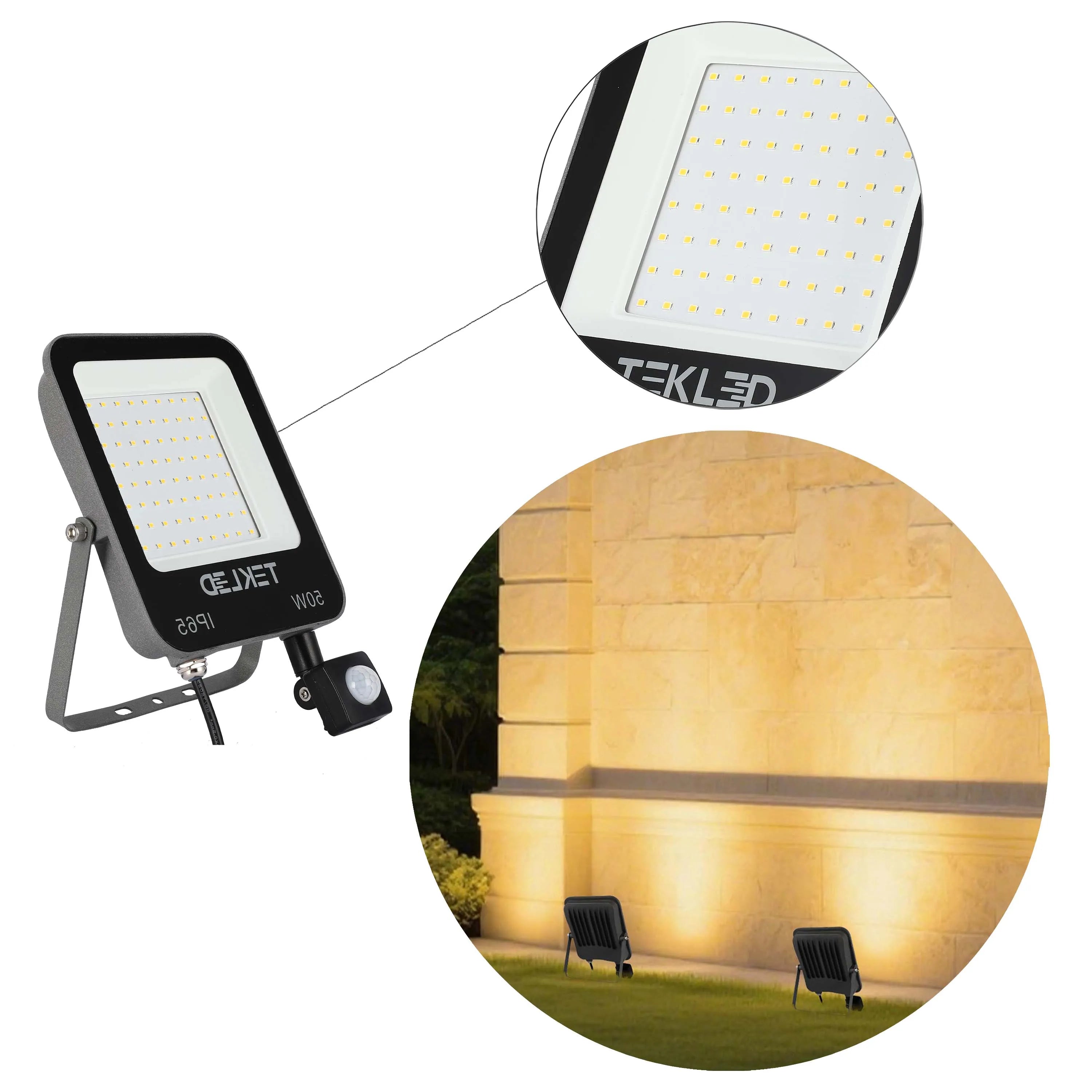 Tekled security floodlights, including a close up of the light emitting diodes and sensor. Other lights illuminate a building.