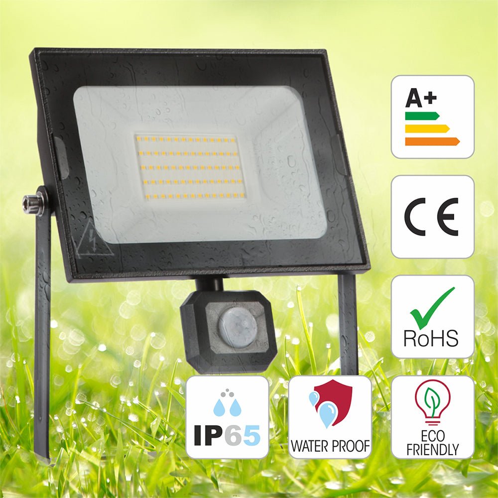 An outdoor LED flood light with a black casing and various certifications including A+, CE, RoHS, IP65, and eco-friendly.