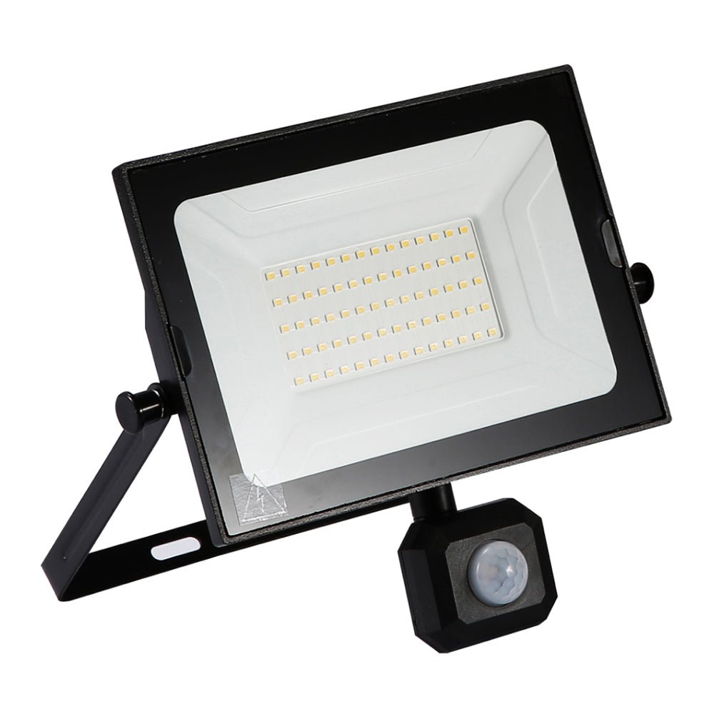 A black-framed LED floodlight with a white face, featuring a motion sensor, perfect for illuminating outdoor spaces.
