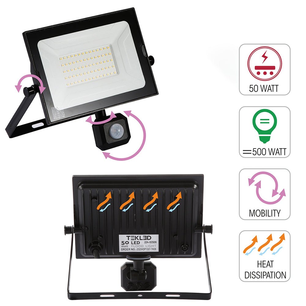 A black LED flood light with motion sensor. Energy-efficient, bright, and durable, ideal for outdoor security and area lighting.