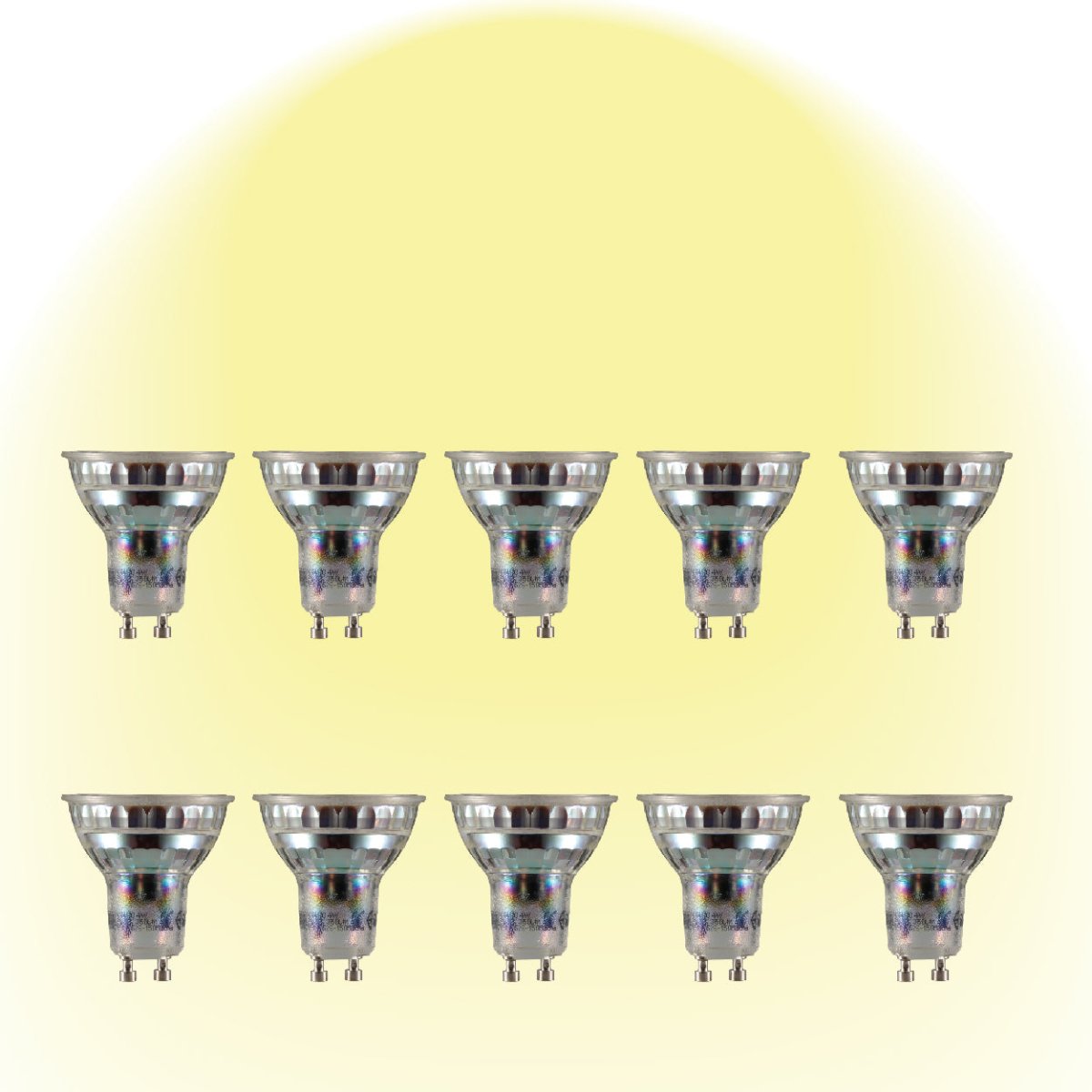 Ten LED light bulbs are displayed on a gradient yellow background, arranged in two rows of five.
