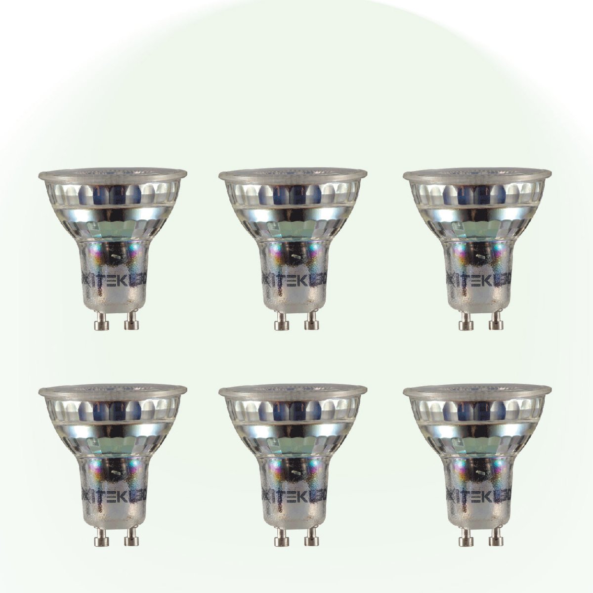 Six dimmable LED reflector bulbs arranged on a pale green background, ideal for accent lighting.