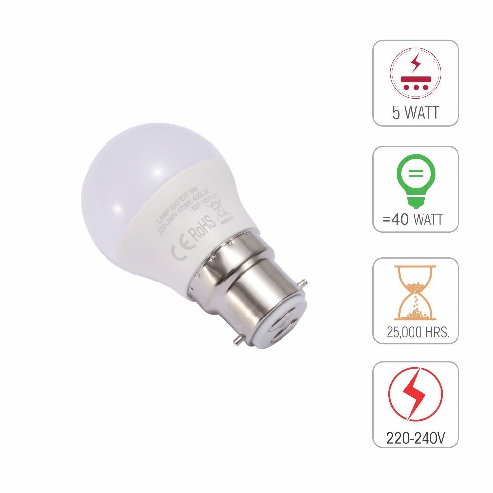 Technical specs of Ursa LED Golf Ball G45 B22 Bayonet Cap 5W 2700K Warm White 4000K Cool White 6500K Cool Daylight Pack of 6