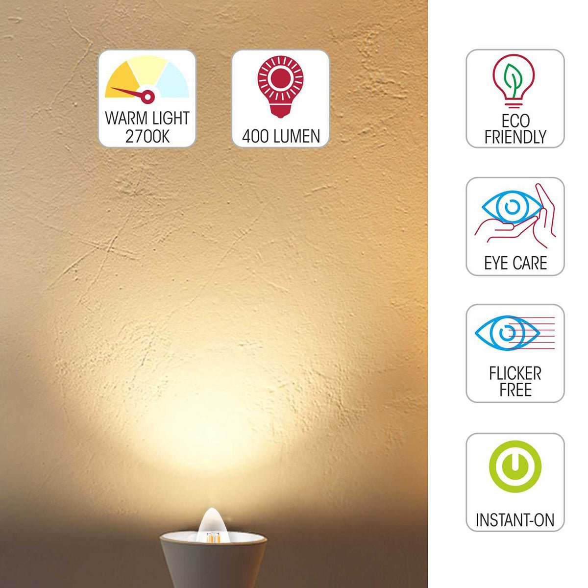 Light specs of led filament bulb candle c35 tail e14 small edison screw 4w 400lm warm white 2700k clear pack of 6/10 583-150146 583-150606 583-1501510