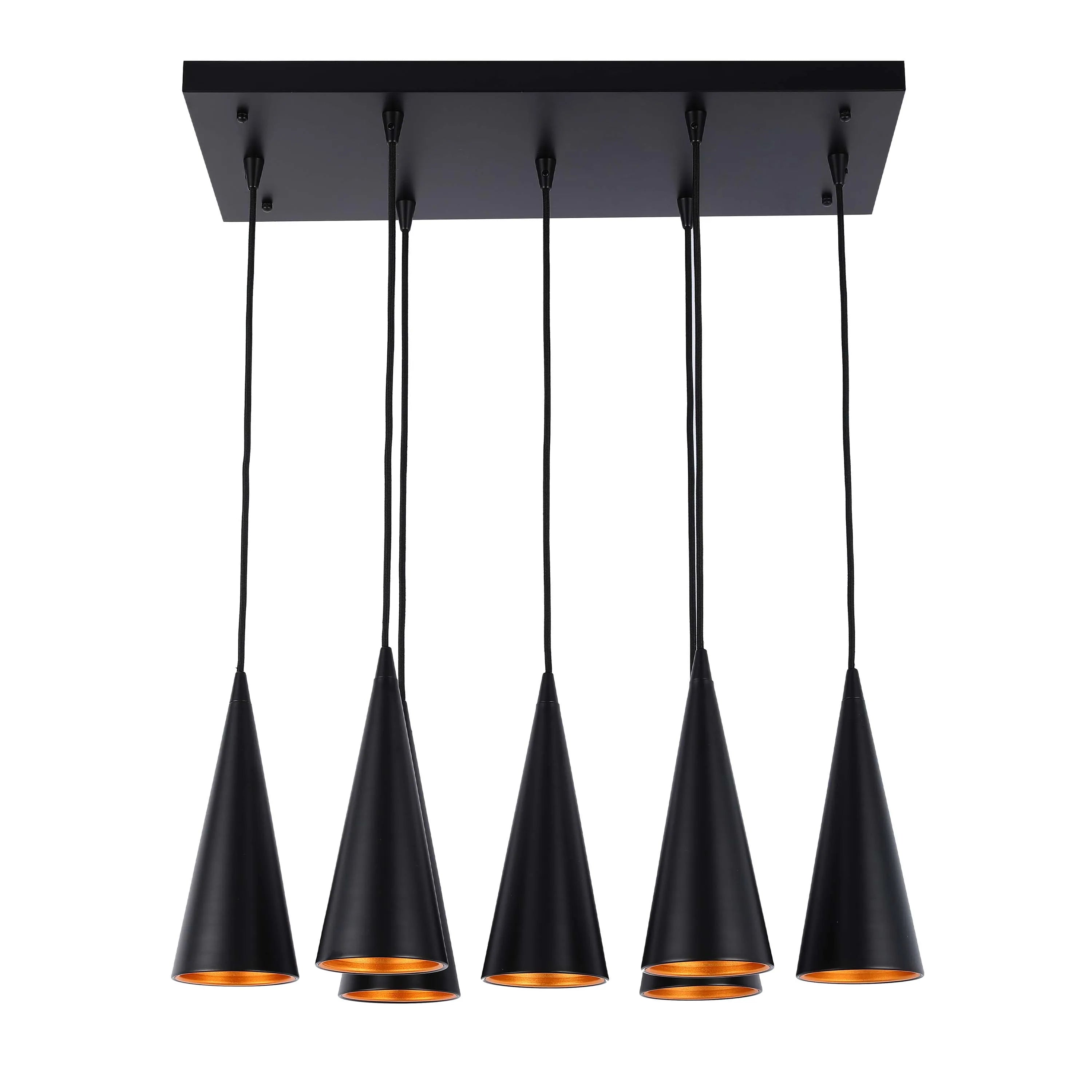 Contemporary black pendant light fixture with 5 cone-shaped shades and gold interiors, suspended from a rectangular canopy.