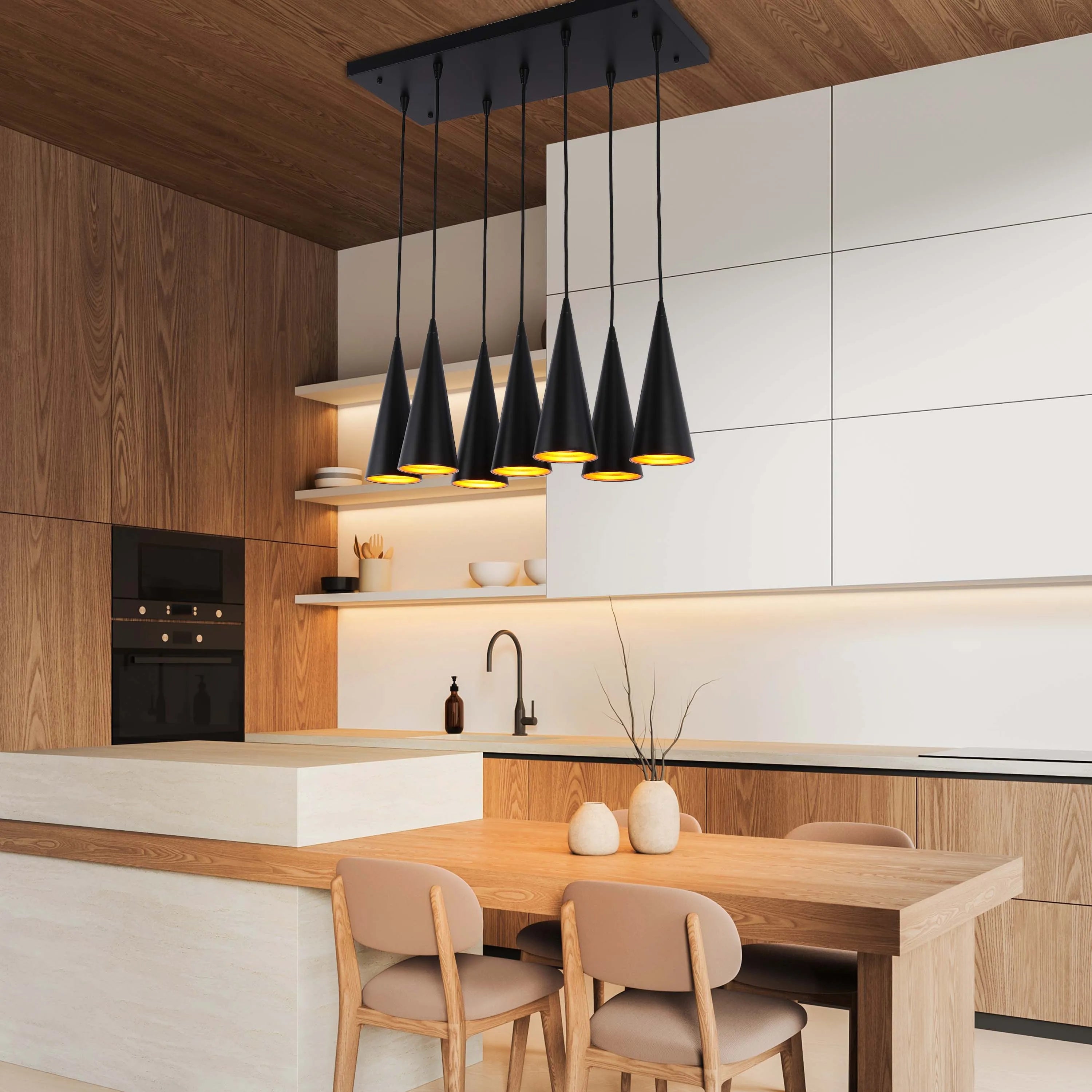 A contemporary kitchen features a striking multi-pendant light fixture, adding a modern touch to the warm, wood-toned design.