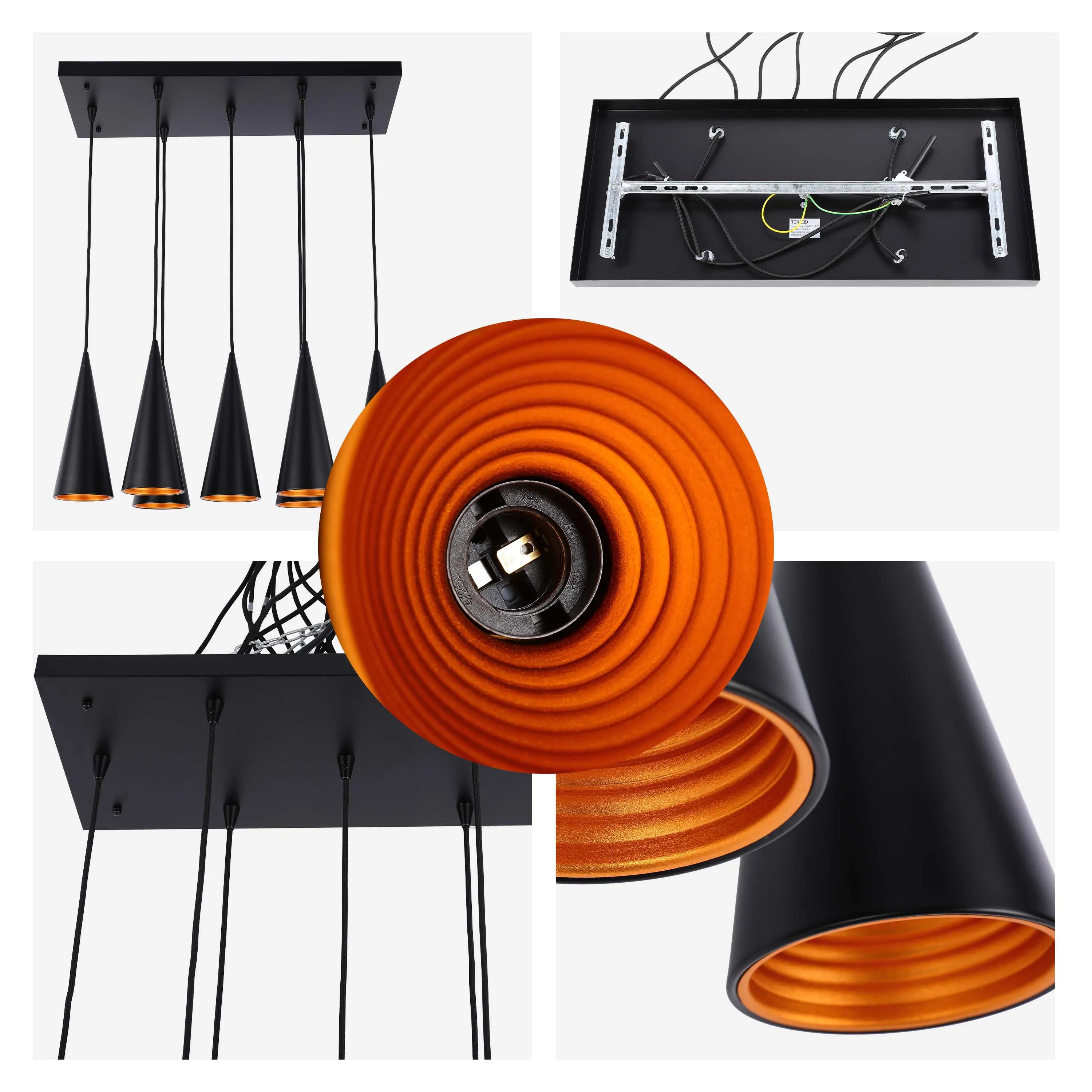 A modern pendant light with multiple black shades and orange interiors. Perfect for a stylish dining room.