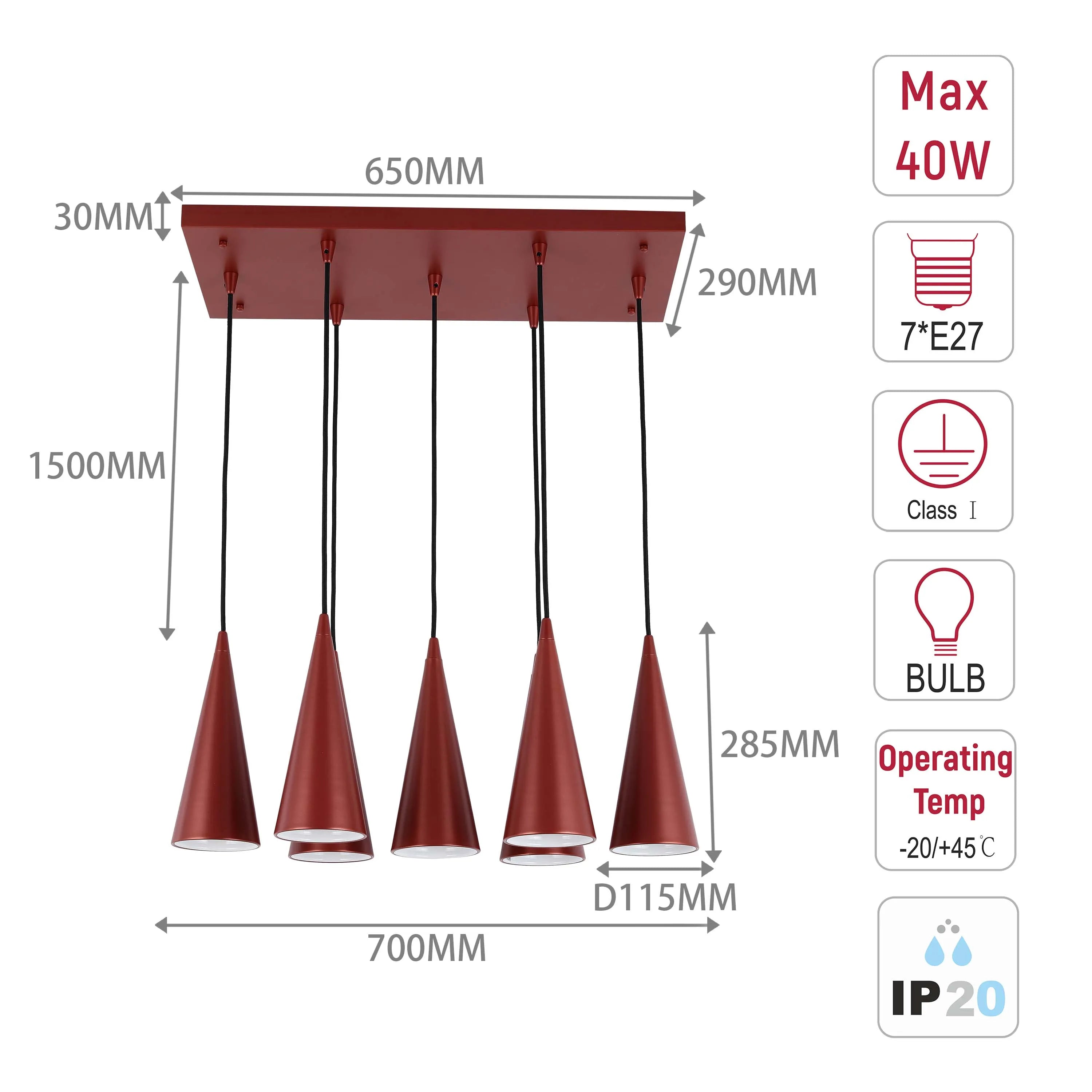 A 7-light pendant chandelier featuring adjustable drop lengths and sleek conical shades in an eye-catching burgundy finish.