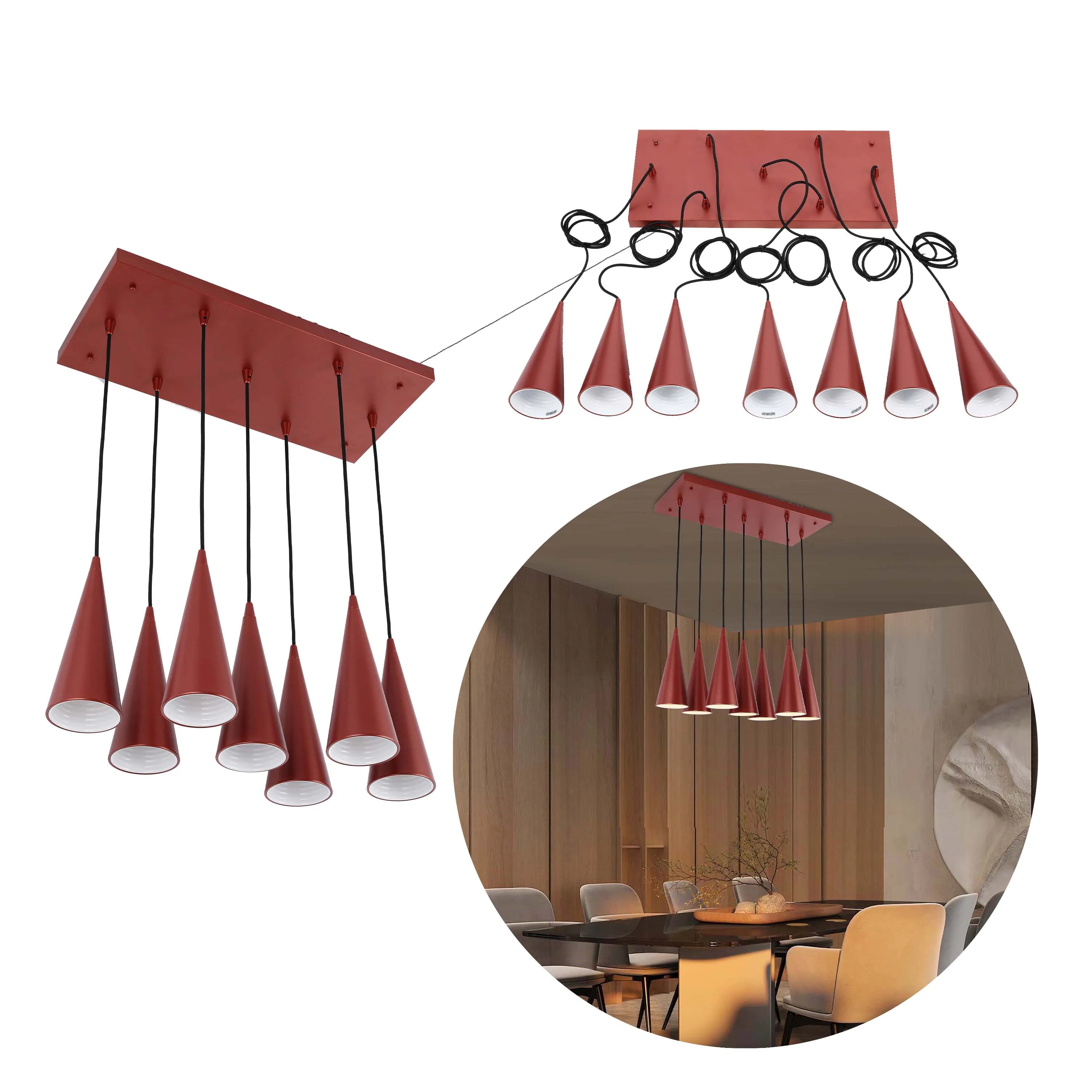 Stylish pendant lighting with conical shades in a warm red hue. Contemporary design, ideal for dining room or living space enhancement.