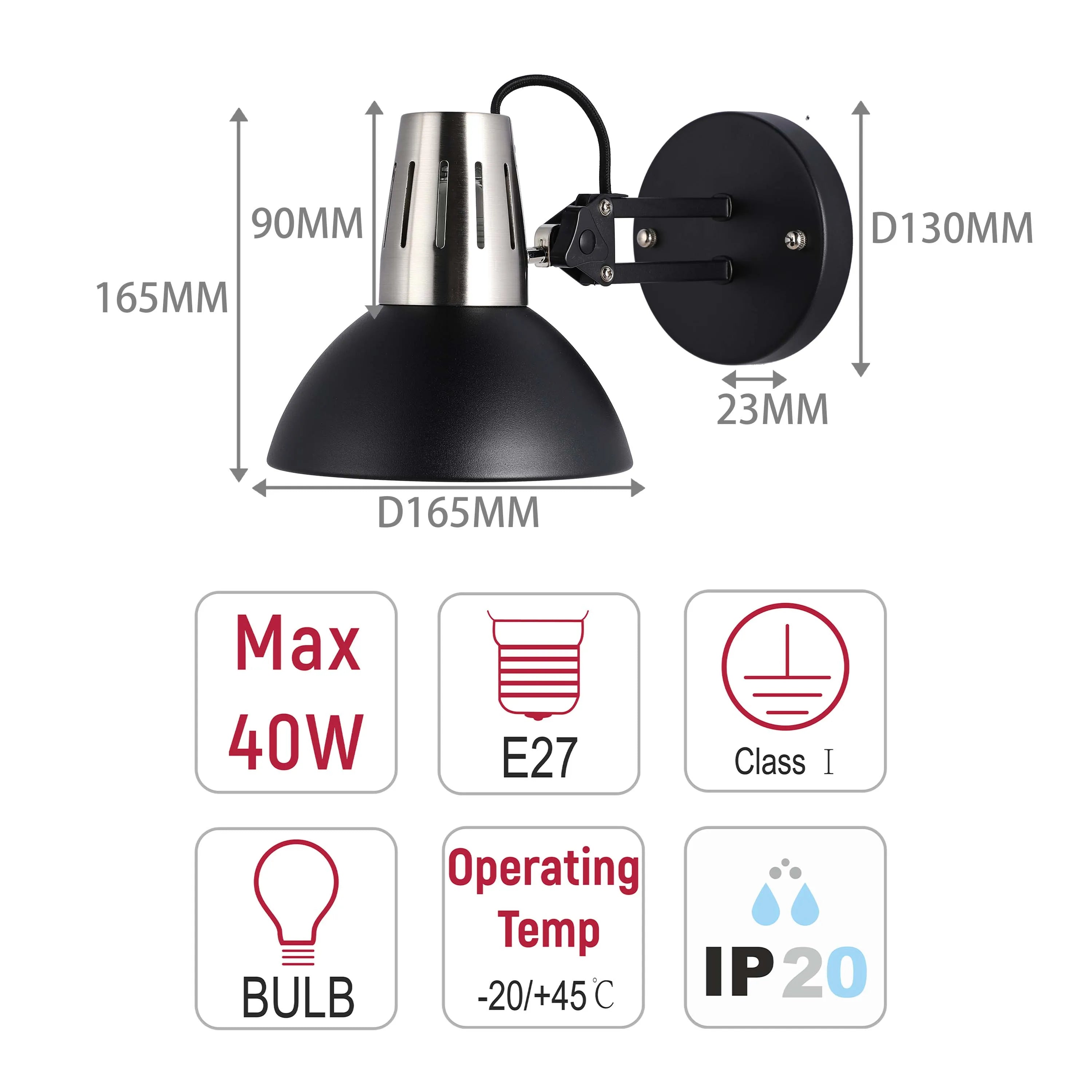 A wall-mounted lamp with dimensions. It takes an E27 bulb, has an IP20 rating, and has a maximum wattage of 40W.