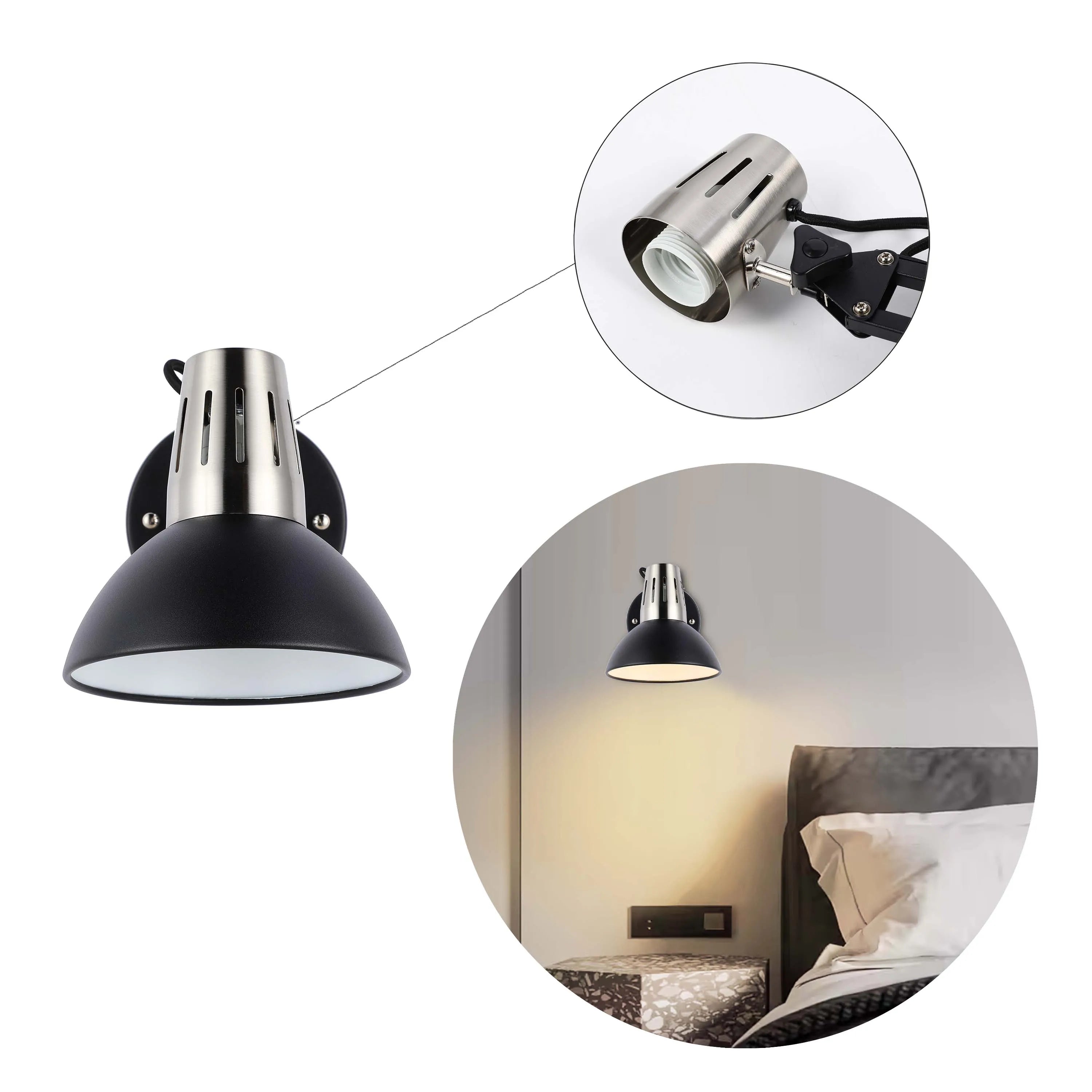 A stylish, adjustable wall light with a matte black shade and brushed nickel detailing. Perfect for bedside reading.