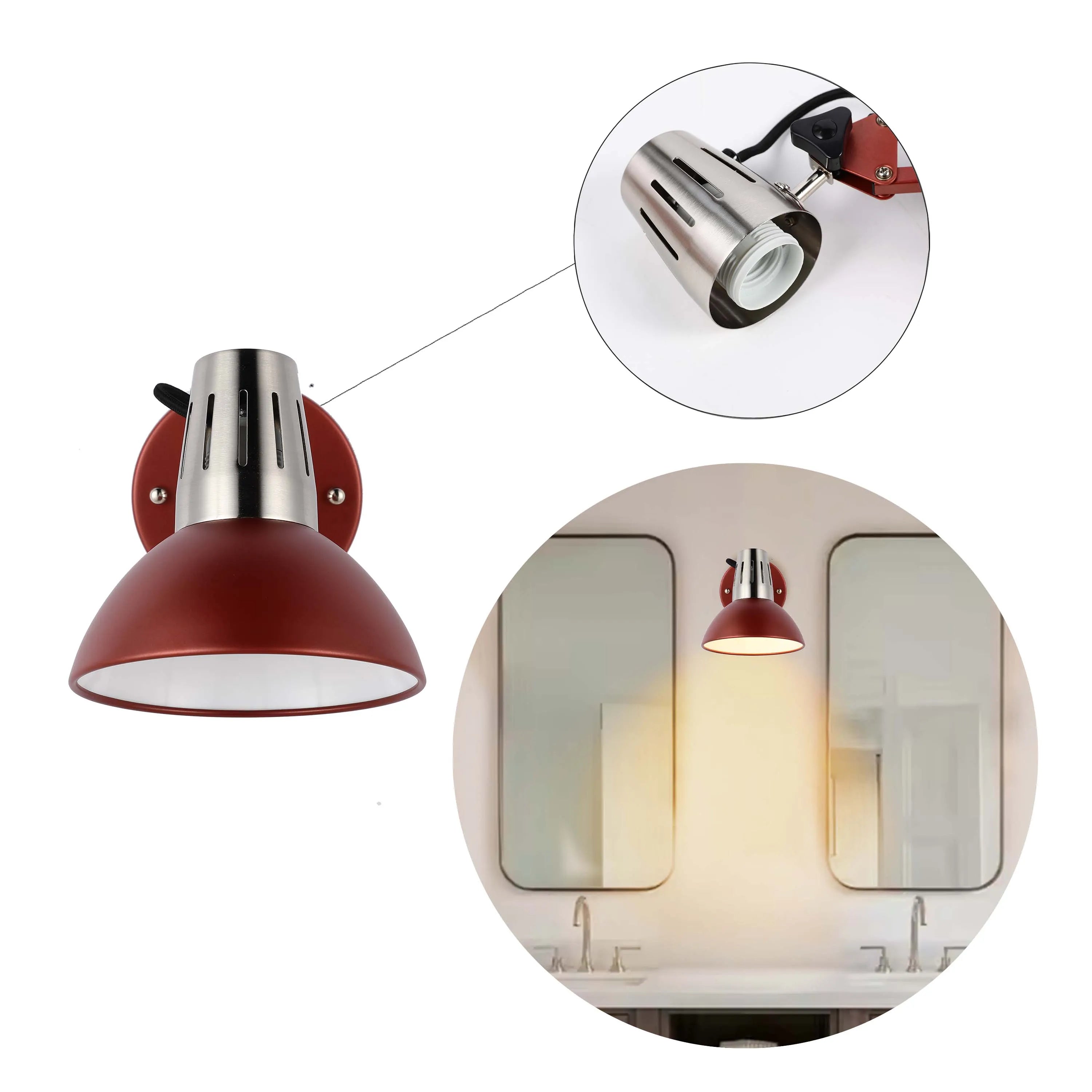 A copper-coloured wall lamp illuminates a bathroom with matching mirrors and sinks. Close up of the lamp shade's structure is also shown.