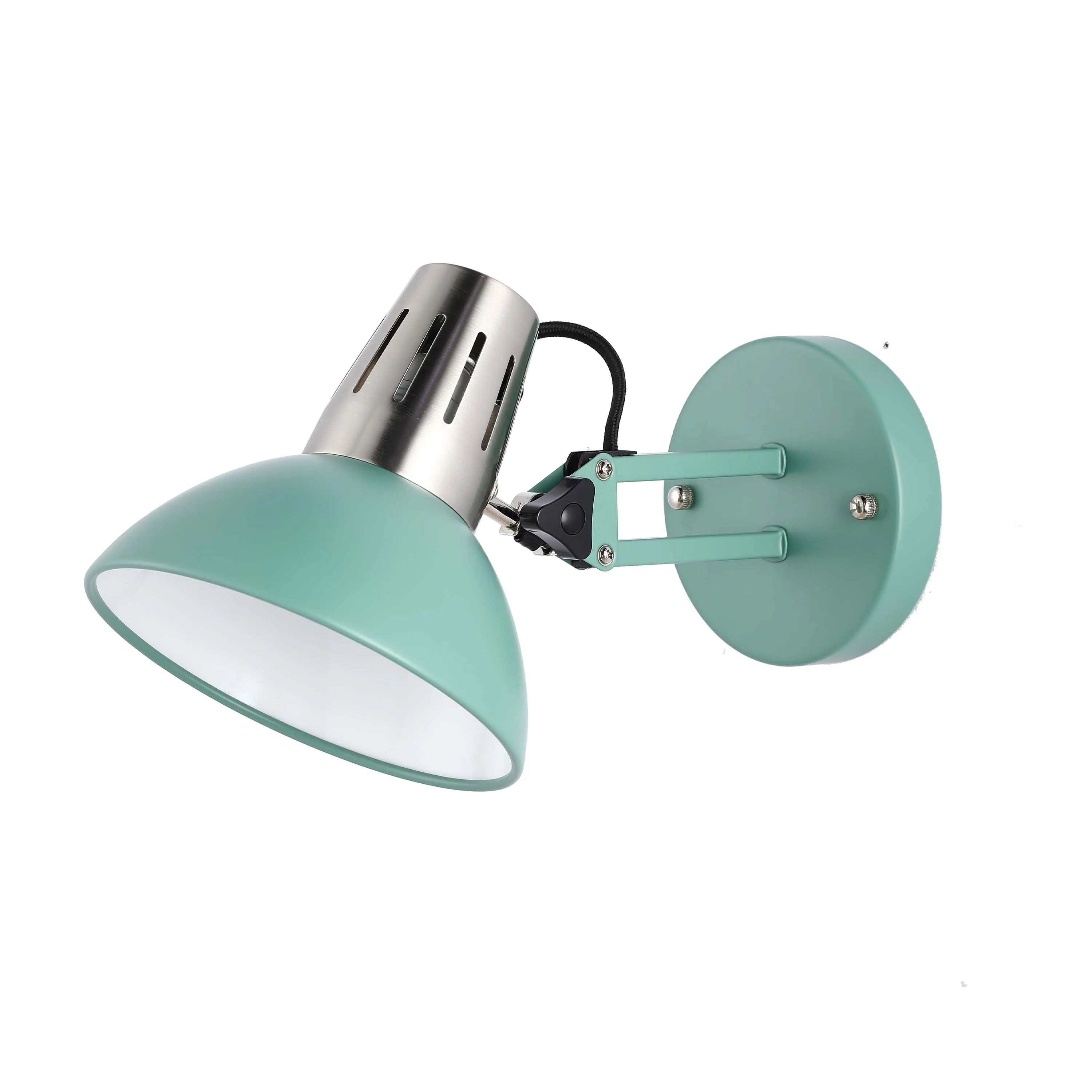 A mint-green and chrome wall-mounted lamp with an adjustable arm and dome shade. It provides directional and stylish lighting.