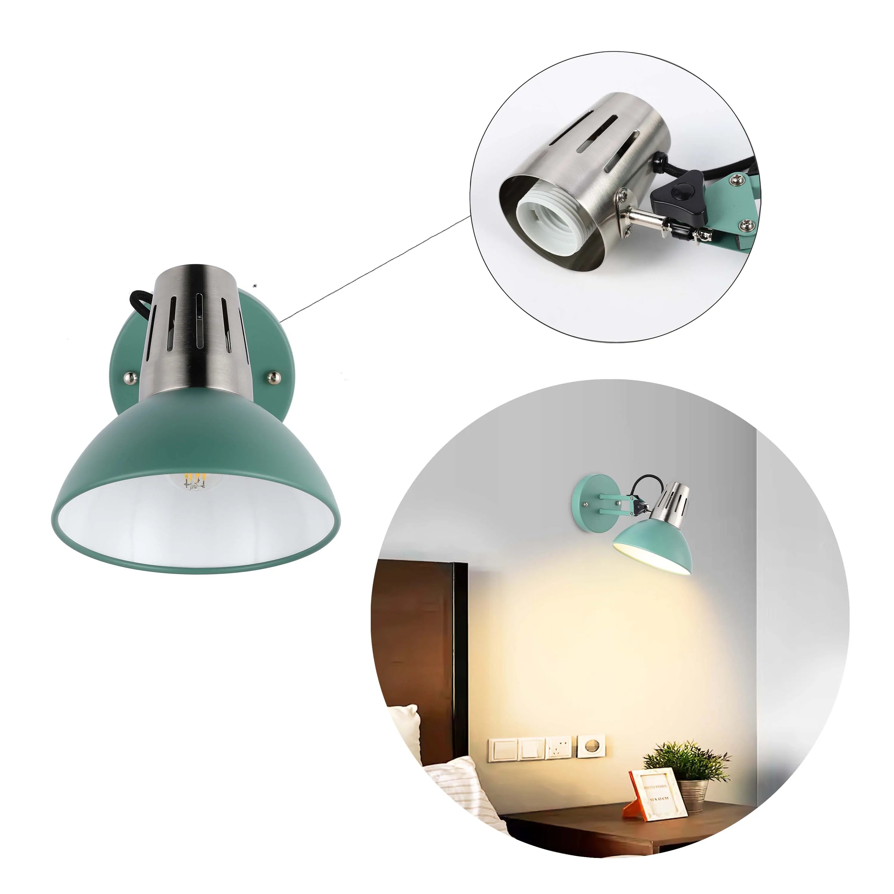 A stylish green wall light with a bright spotlight, perfect for adding a touch of modern elegance to any room.