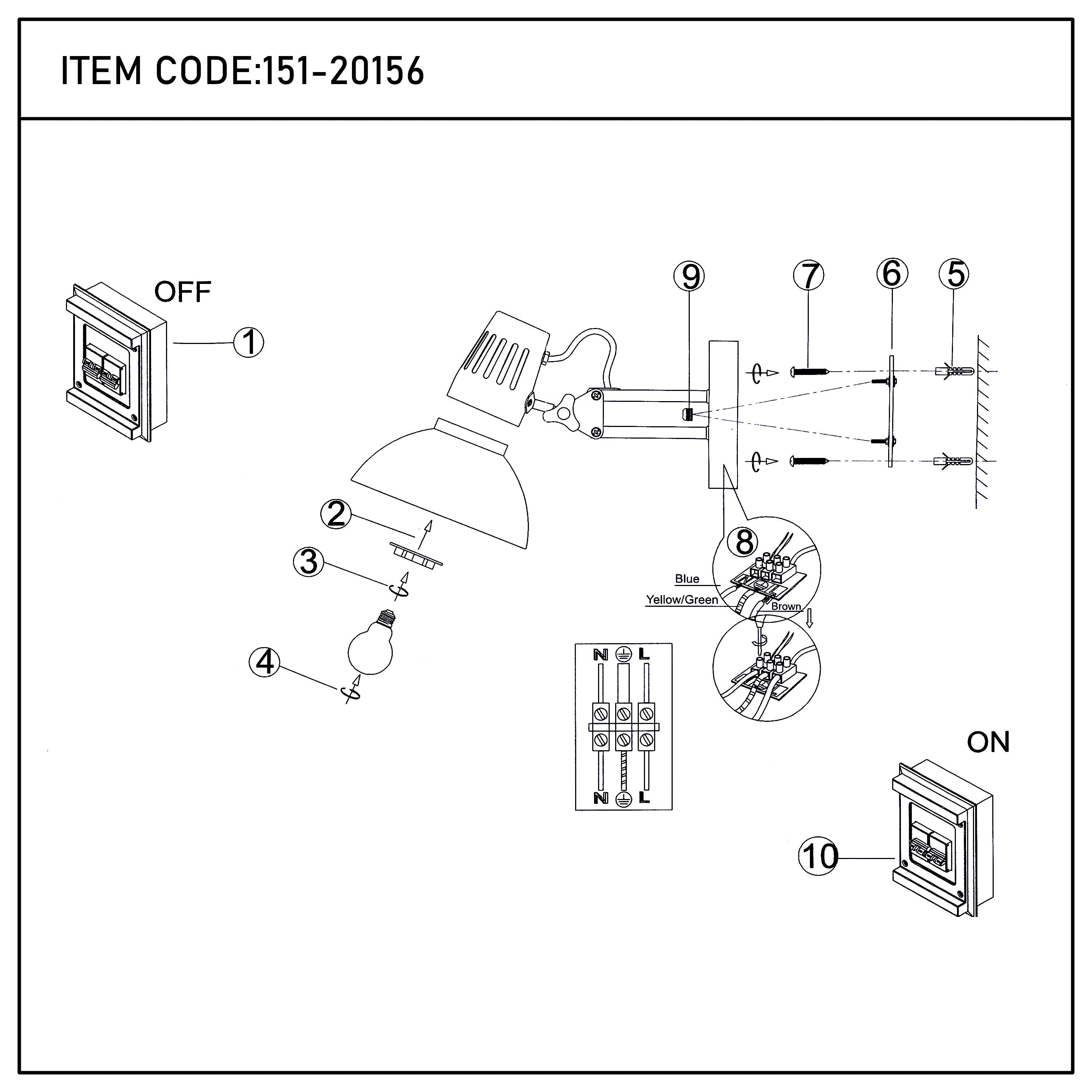 Diagram showing the parts and assembly of a wall-mounted desk lamp, with a bulb fitting, wall bracket and wiring diagram.