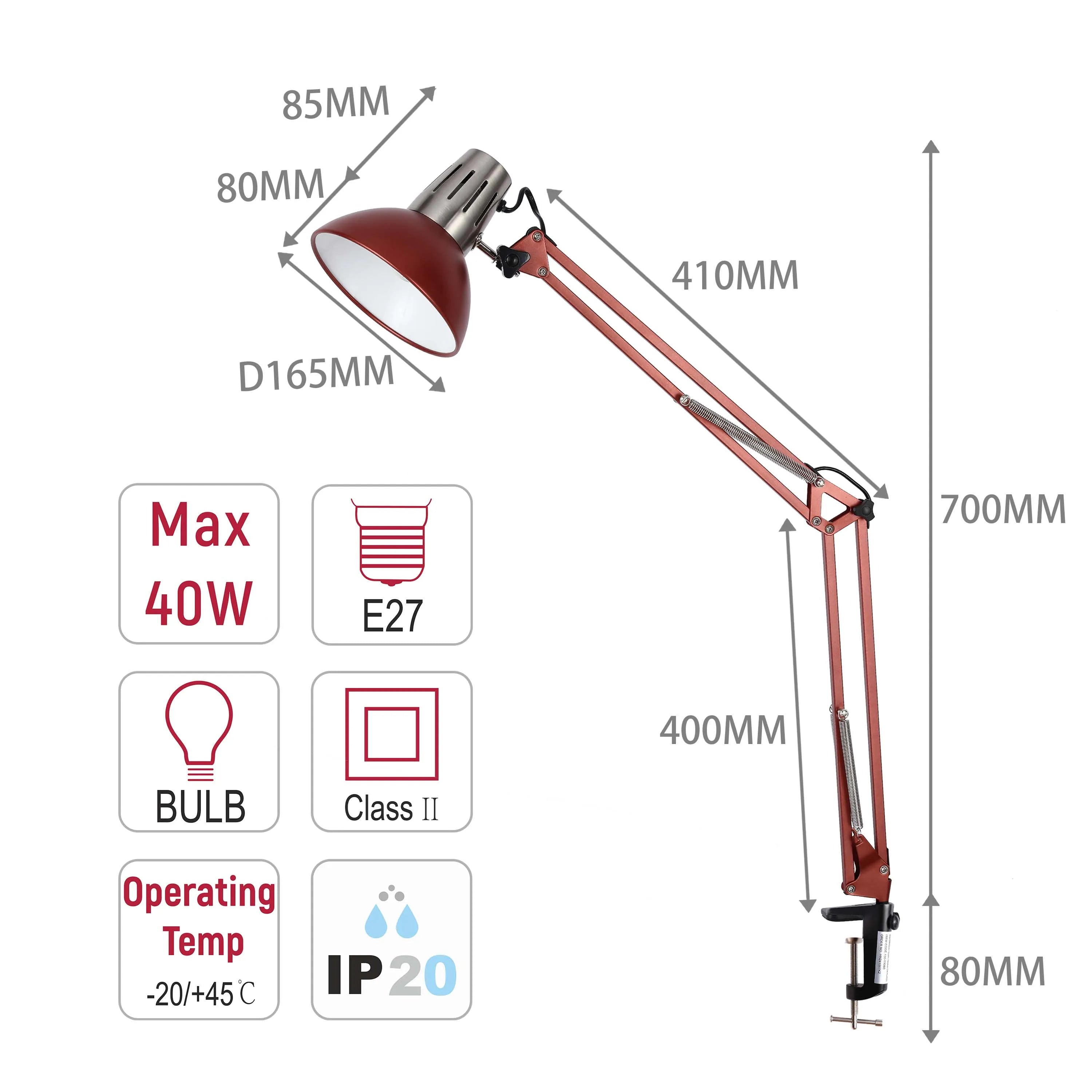 Anglepoise lamp diagram with dimensions. Indicates max 40W bulb, E27 fitting, IP20 rating and operating temp of -20/+45°C.
