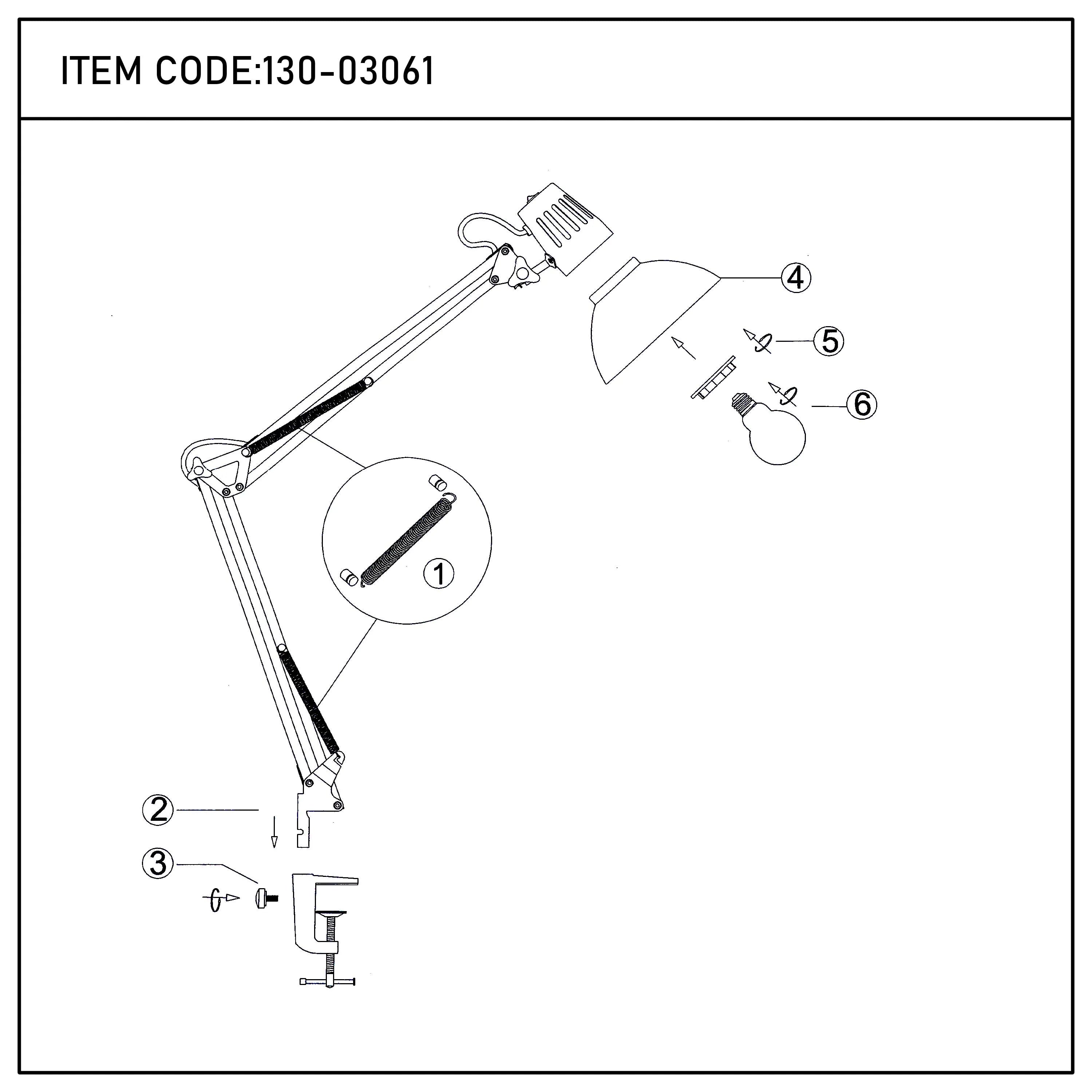 Diagram of articulated lamp components, including springs, bracket and lightbulb, laid out on a white surface.