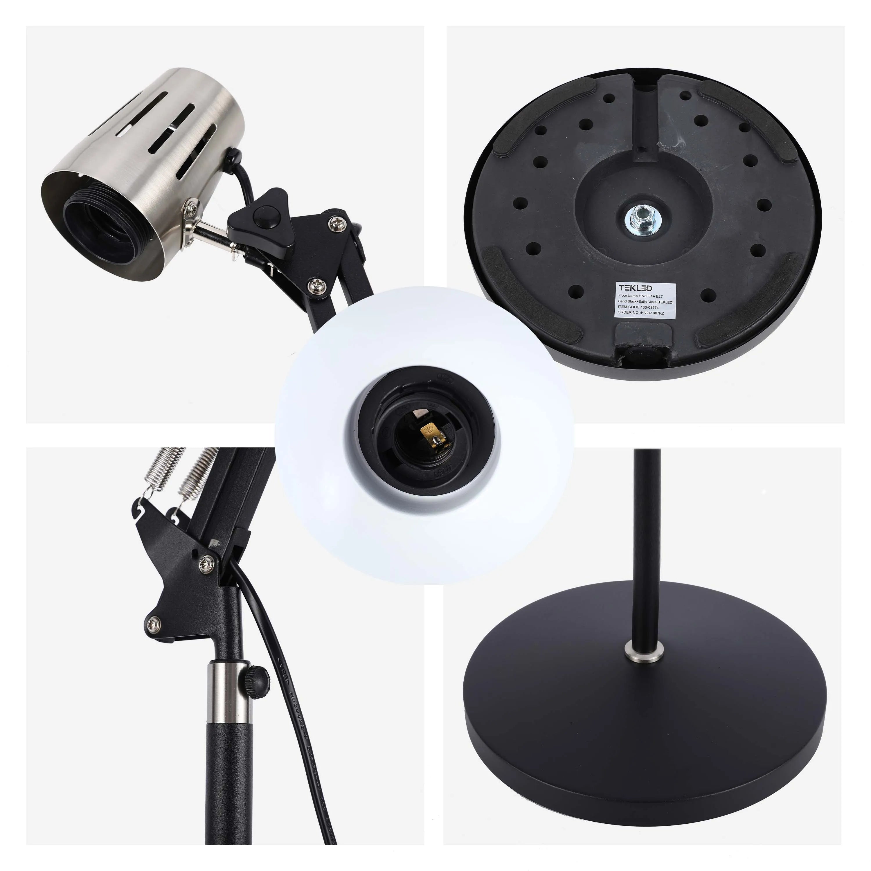 Contemporary floor lamp featuring adjustable arm, satin nickel shade and a sturdy black base. A stylish lighting solution.