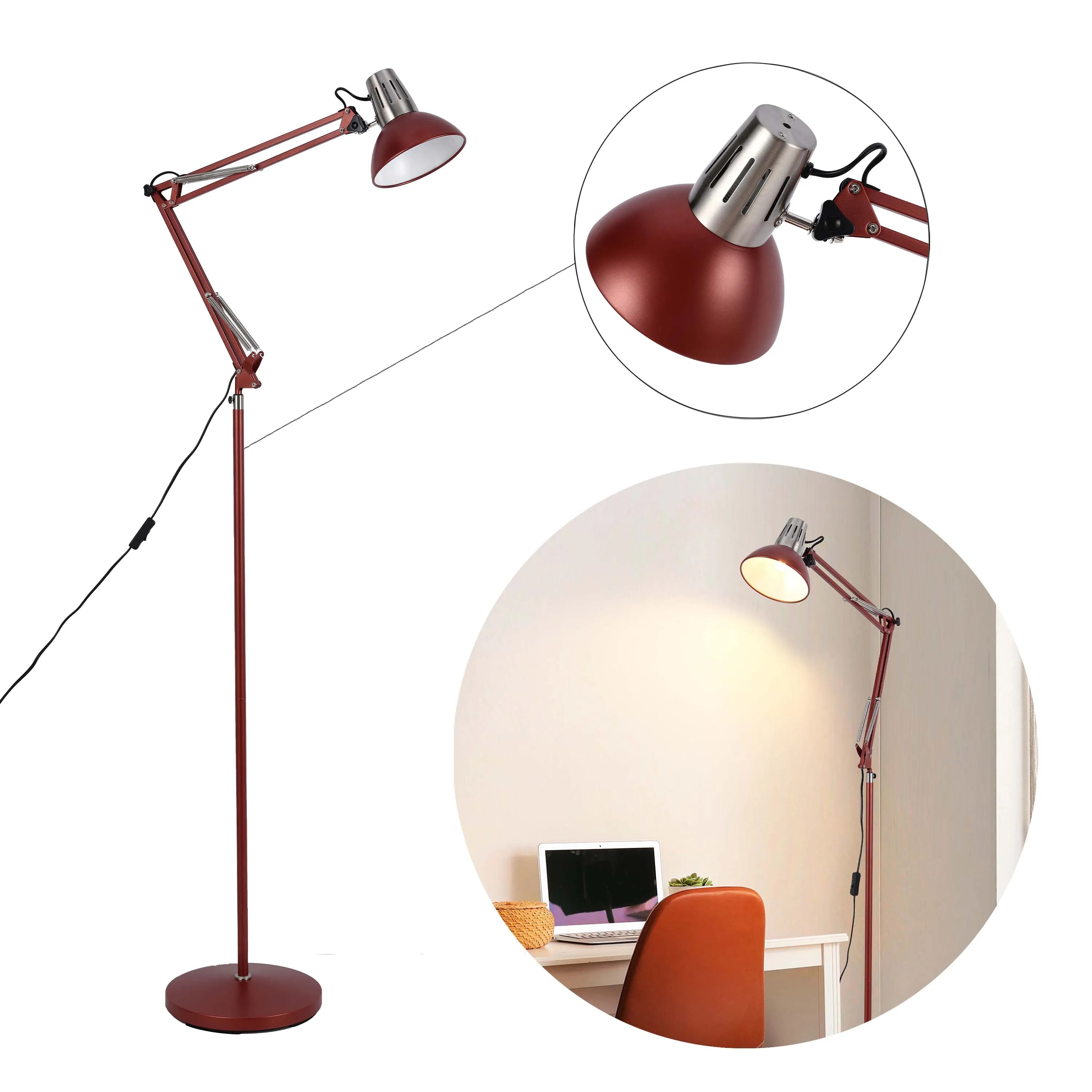 A red metal floor lamp with an adjustable arm and lampshade is showcased, with a close-up view of the lampshade's design.