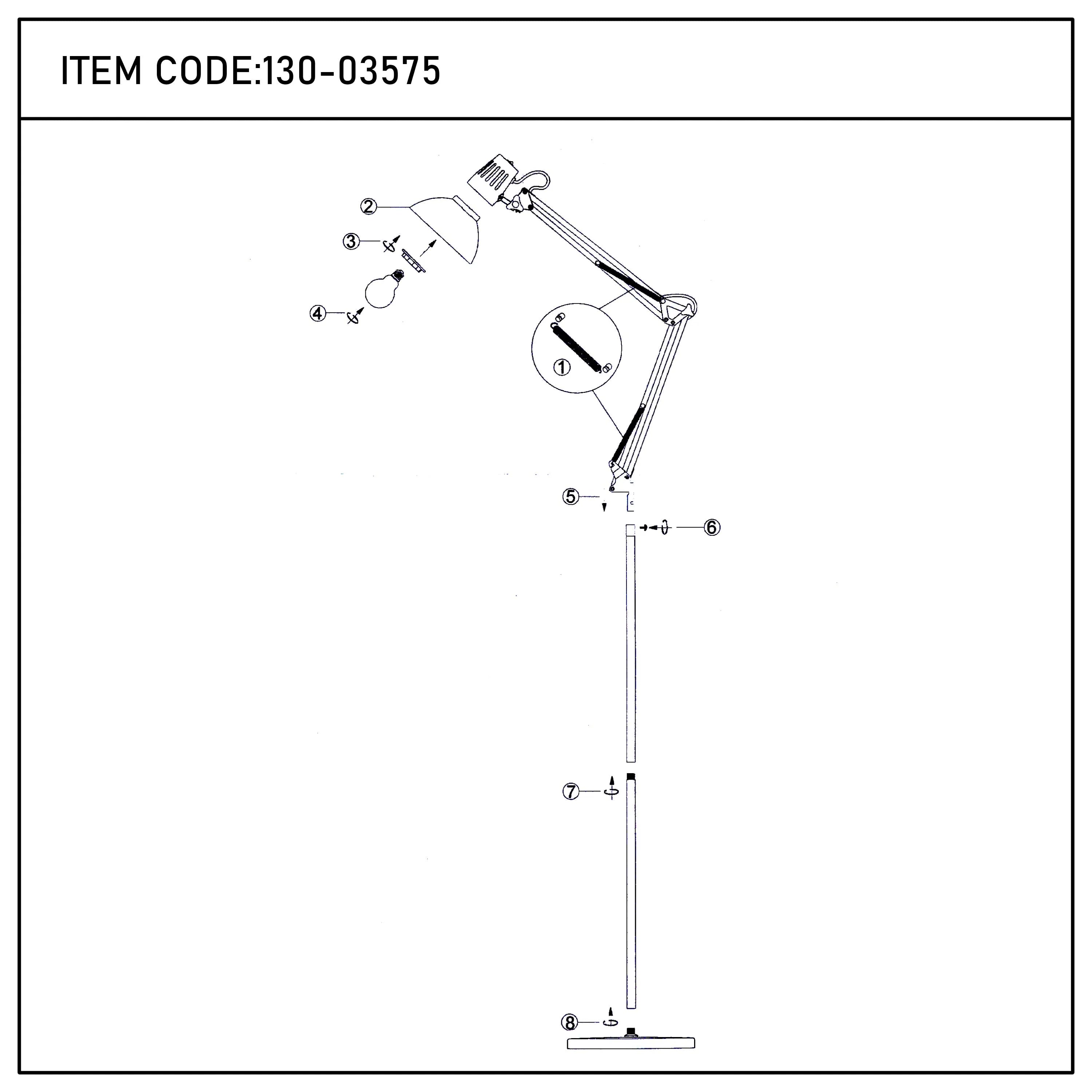 An exploded diagram showing the assembly of an articulated floor lamp, including the shade, bulb, and base.