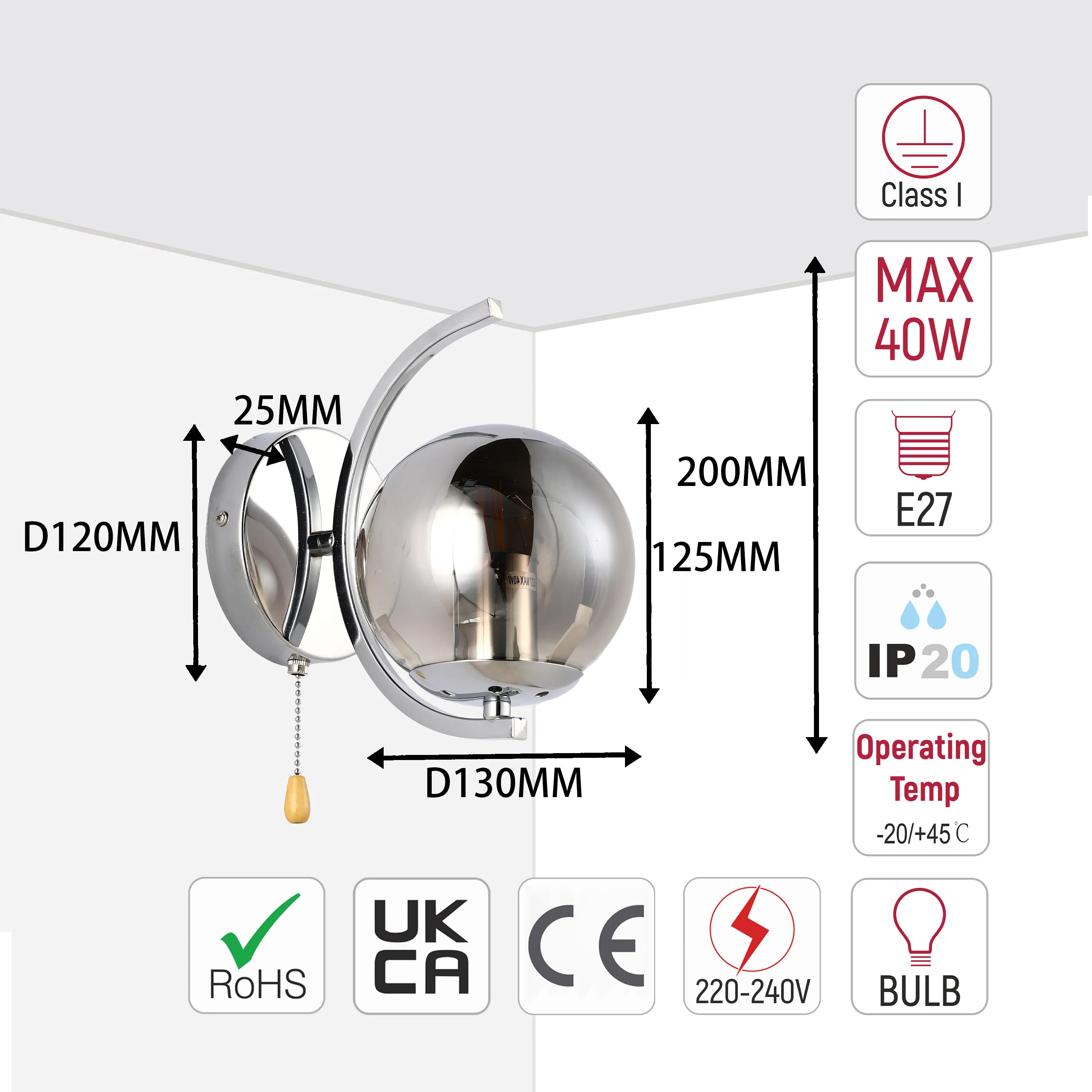 Chrome globe wall light with pull cord and technical specifications for bulb, size and safety information.