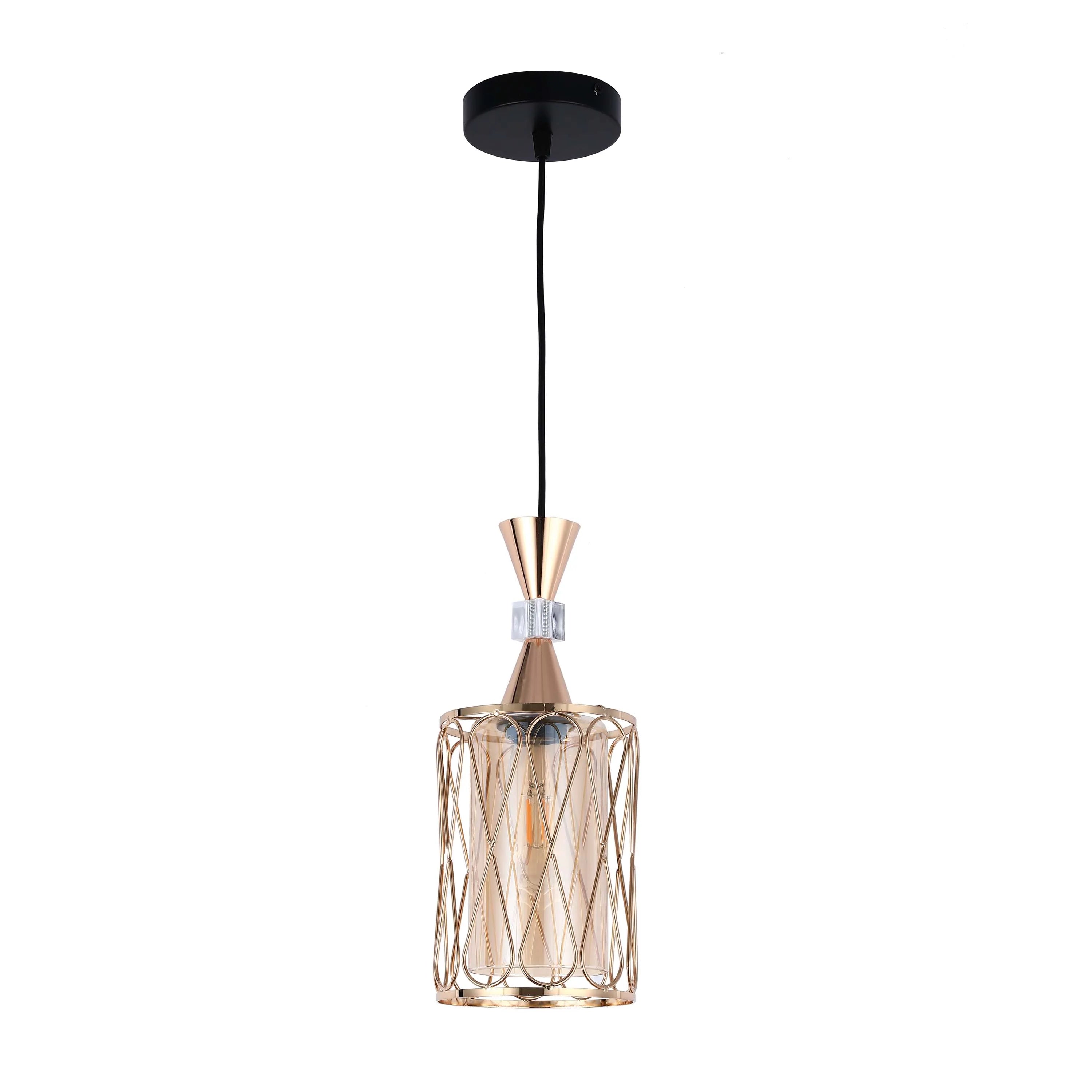 A stylish pendant light with a gold frame and clear glass shade, suspended from a black ceiling rose.