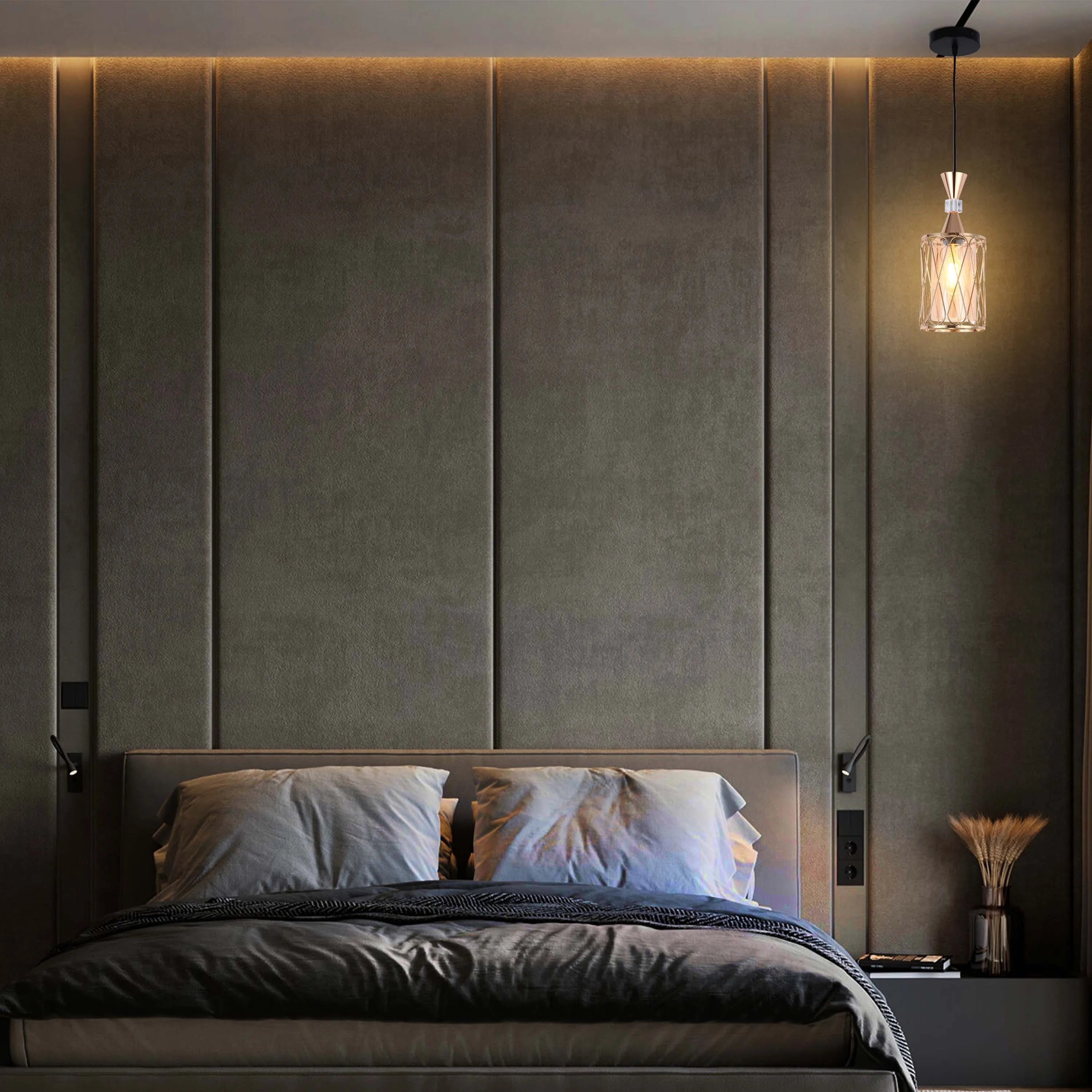 Bedroom featuring a statement pendant light and wall-mounted bedside lamps, creating a warm and inviting ambience.